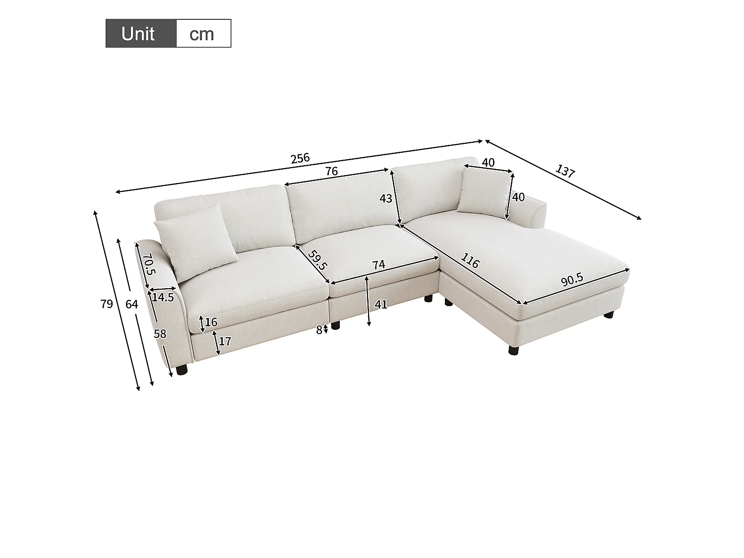 Canapé d'angle 3 places 256 × 137 × 79 cm - avec méridienne - peut être installé à gauche ou à droite - tissu chenille - beige