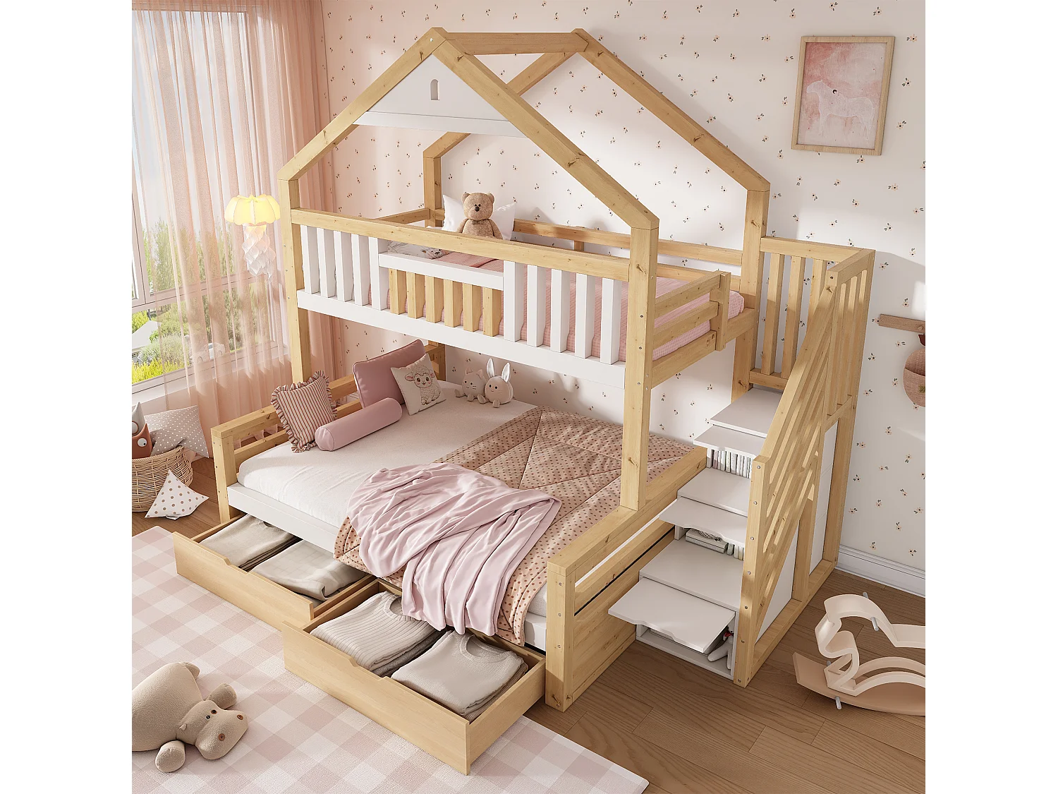 Hoogslaper 90x200cm + 140x200cm - huisconcept - met opbergtrap en 2 laden - massief hout + MDF - Wit+Natuurlijk (zonder matras)
