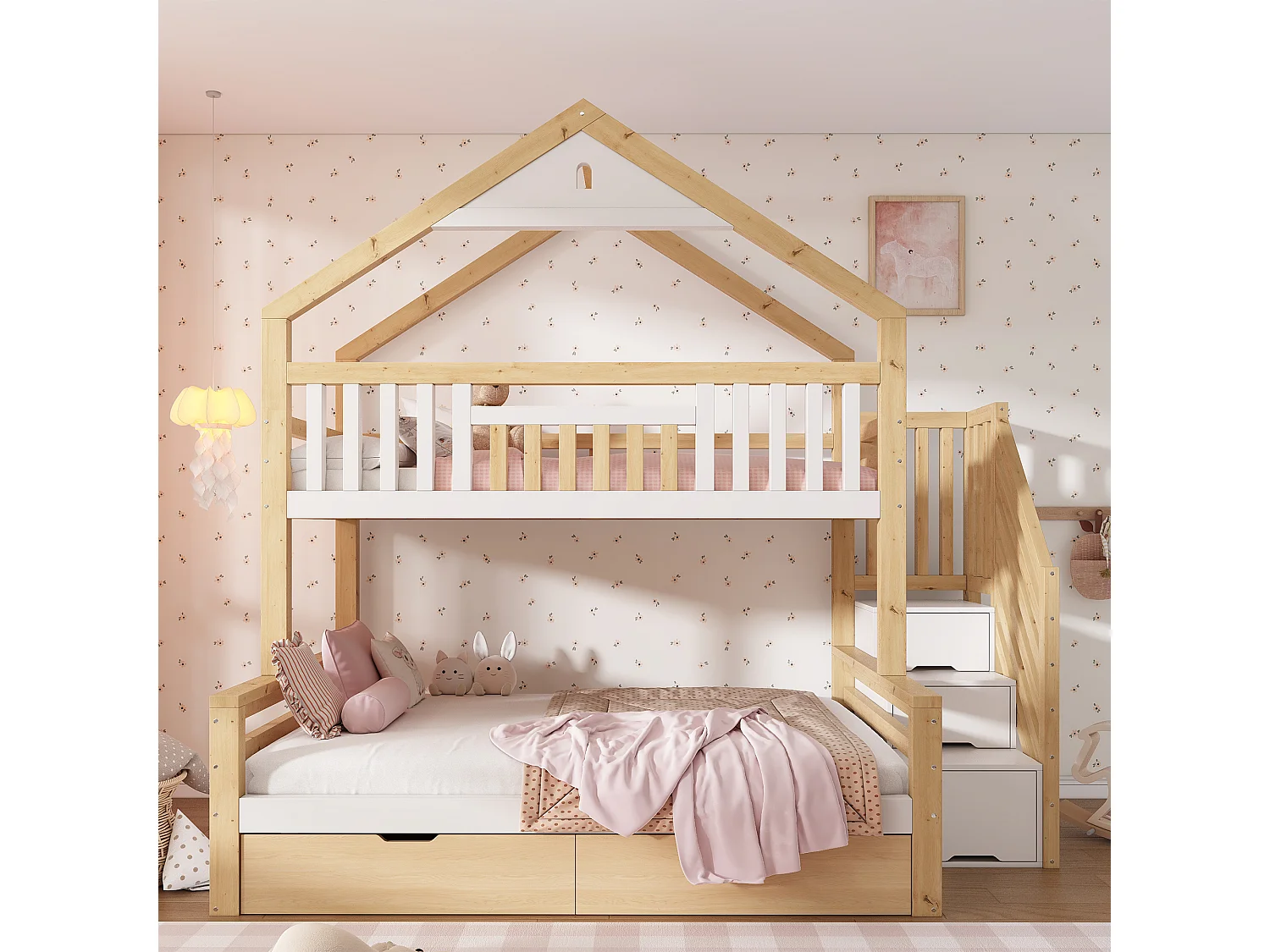 Hoogslaper 90x200cm + 140x200cm - huisconcept - met opbergtrap en 2 laden - massief hout + MDF - Wit+Natuurlijk (zonder matras)