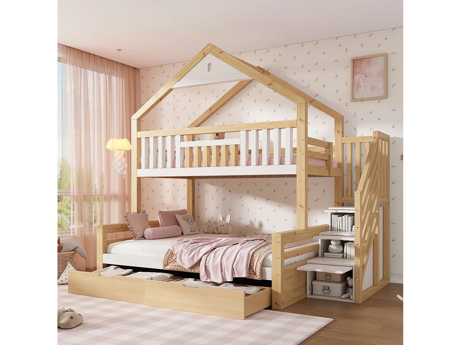 Hoogslaper 90x200cm + 140x200cm - huisconcept - met opbergtrap en 2 laden - massief hout + MDF - Wit+Natuurlijk (zonder matras)