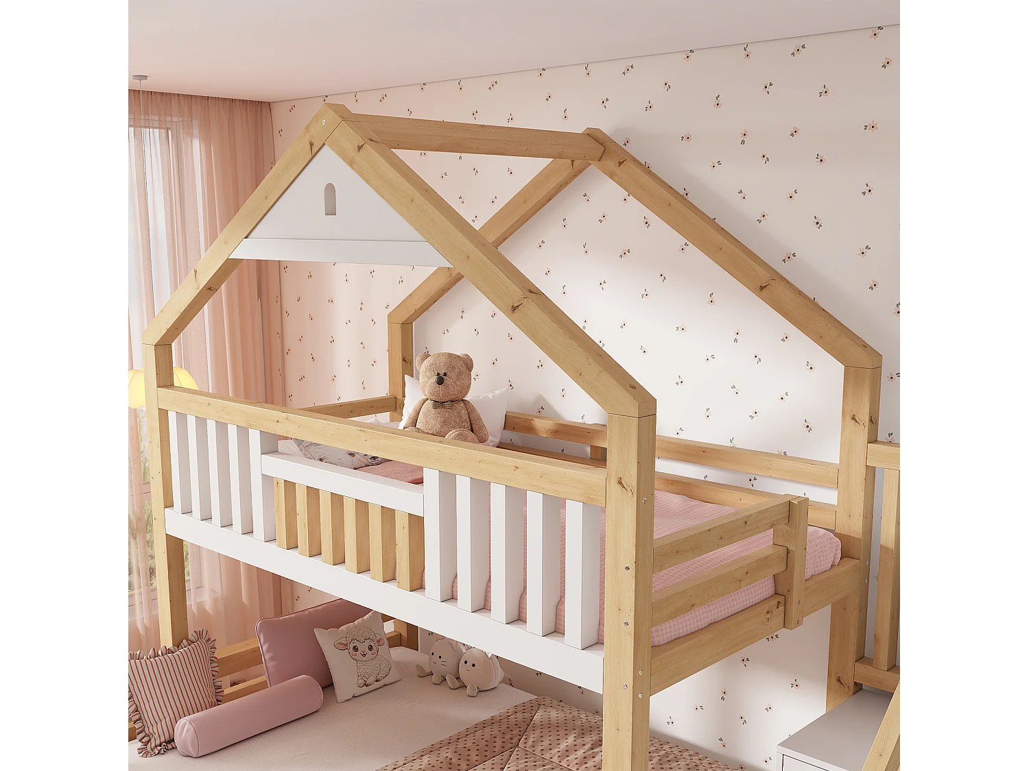 Hoogslaper 90x200cm + 140x200cm - huisconcept - met opbergtrap en 2 laden - massief hout + MDF - Wit+Natuurlijk (zonder matras)