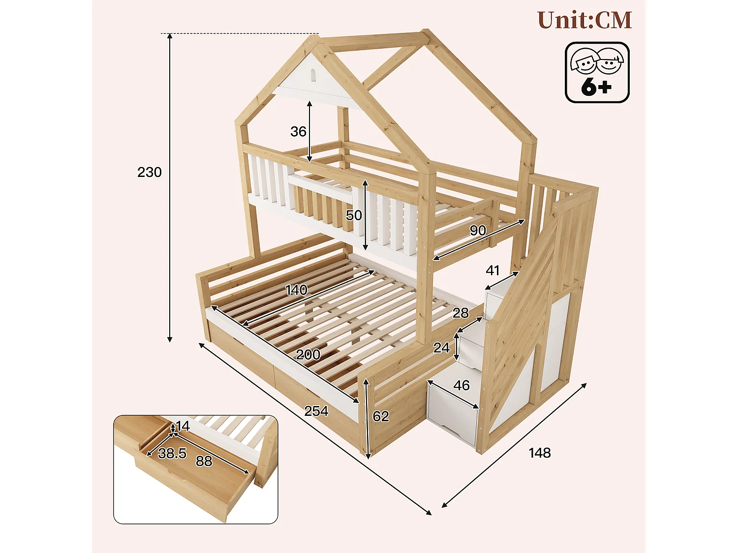 Hoogslaper 90x200cm + 140x200cm - huisconcept - met opbergtrap en 2 laden - massief hout + MDF - Wit+Natuurlijk (zonder matras)