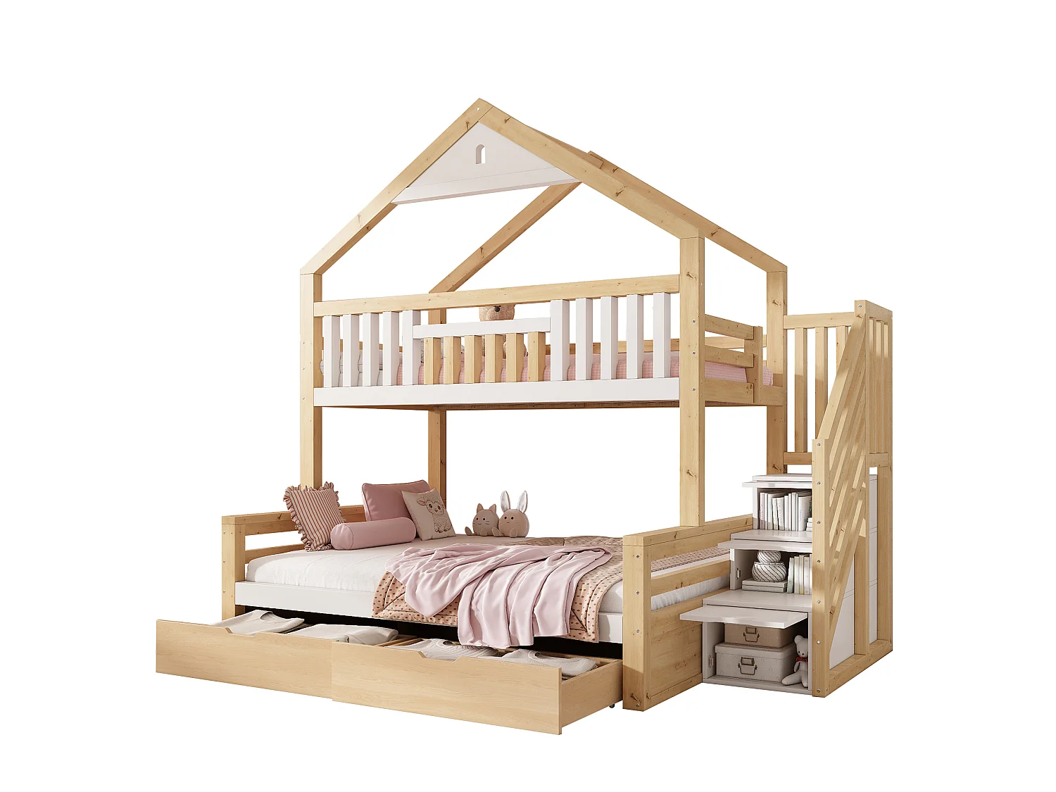 Hoogslaper 90x200cm + 140x200cm - huisconcept - met opbergtrap en 2 laden - massief hout + MDF - Wit+Natuurlijk (zonder matras)