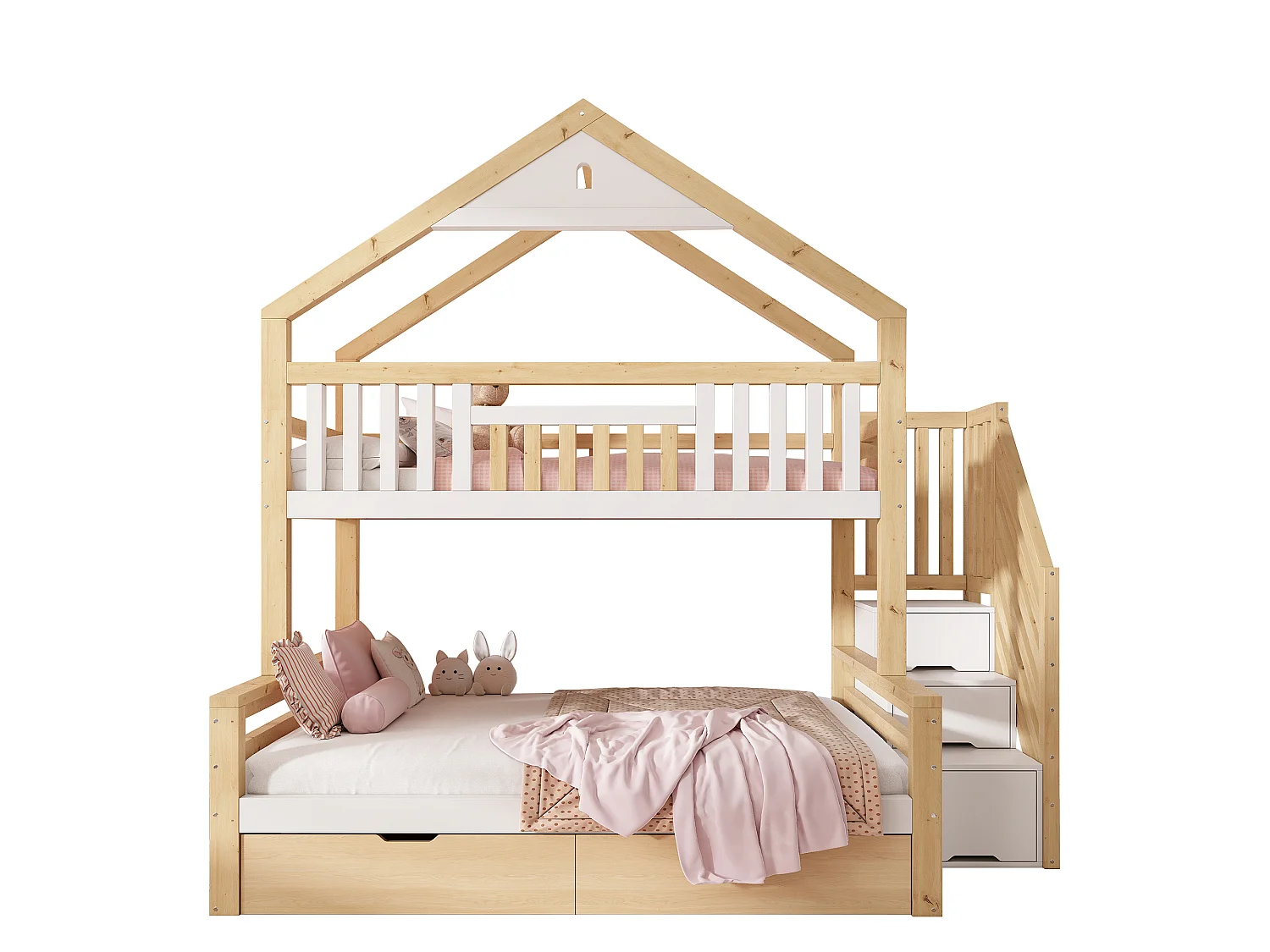 Hoogslaper 90x200cm + 140x200cm - huisconcept - met opbergtrap en 2 laden - massief hout + MDF - Wit+Natuurlijk (zonder matras)