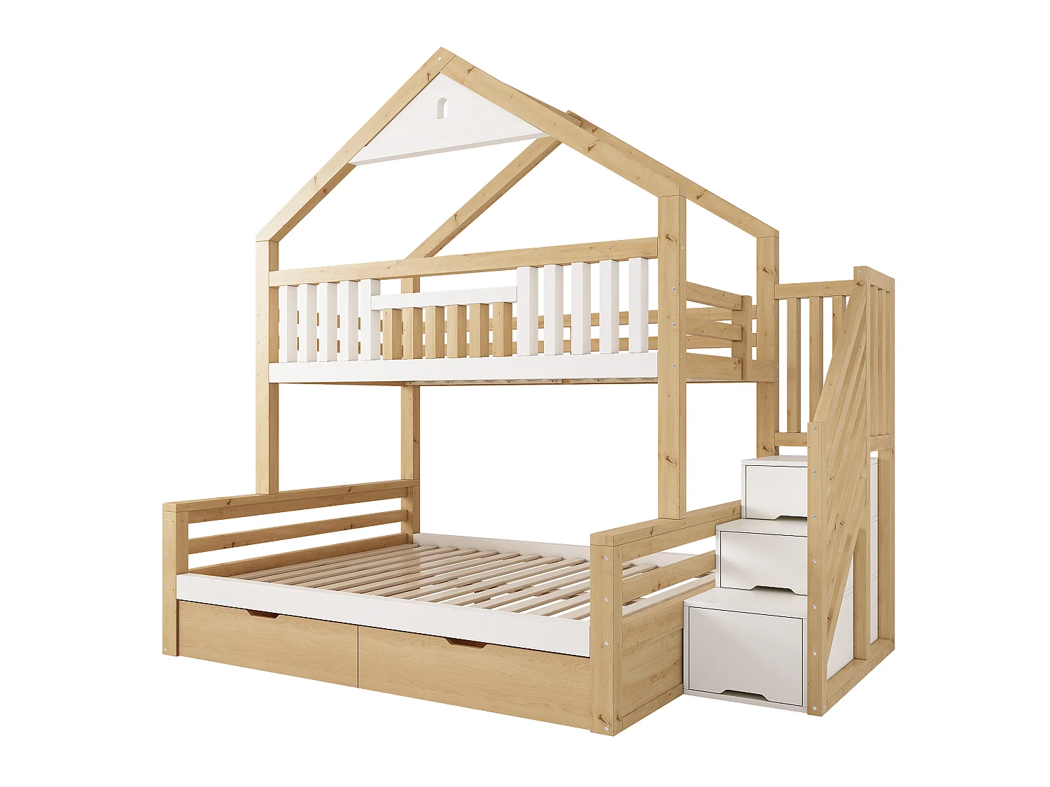 Hoogslaper 90x200cm + 140x200cm - huisconcept - met opbergtrap en 2 laden - massief hout + MDF - Wit+Natuurlijk (zonder matras)