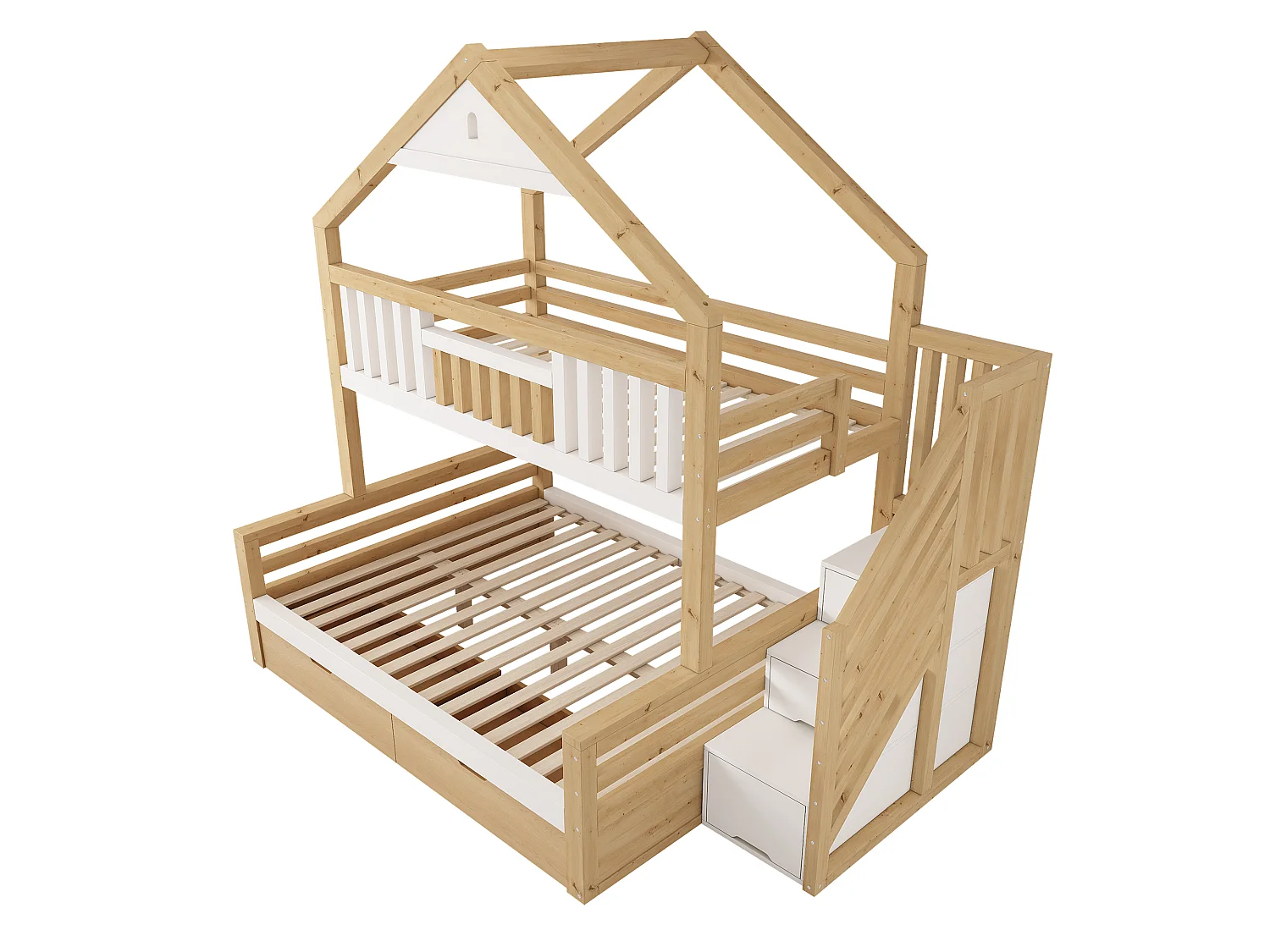 Hoogslaper 90x200cm + 140x200cm - huisconcept - met opbergtrap en 2 laden - massief hout + MDF - Wit+Natuurlijk (zonder matras)