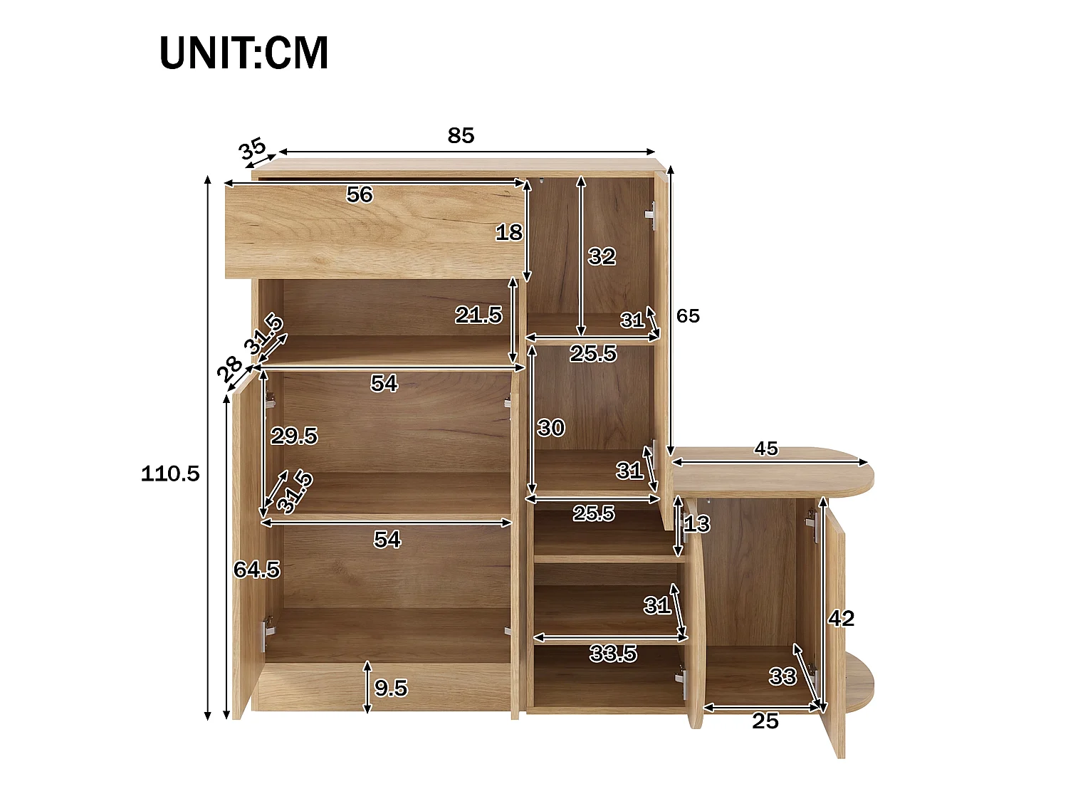 Meuble à chaussures avec banc, 5 portes, 1 tiroir et étagère ouverte – MDF – 130 x 35 x 110,5 cm – Naturel
