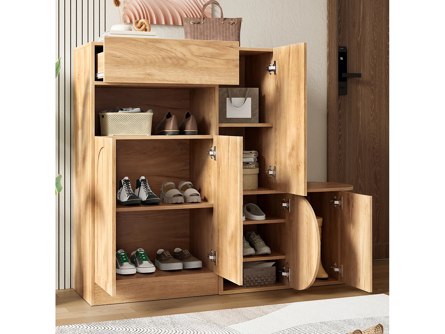 Meuble à chaussures avec banc, 5 portes, 1 tiroir et étagère ouverte – MDF – 130 x 35 x 110,5 cm – Naturel