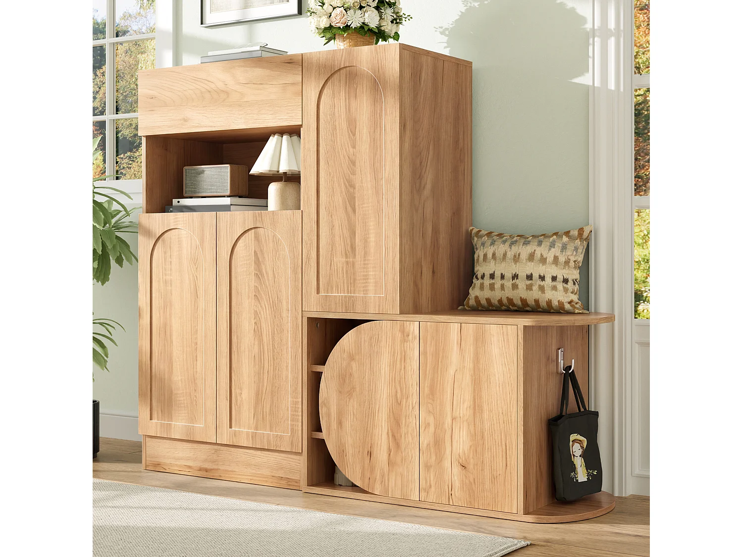 Meuble à chaussures avec banc, 5 portes, 1 tiroir et étagère ouverte – MDF – 130 x 35 x 110,5 cm – Naturel