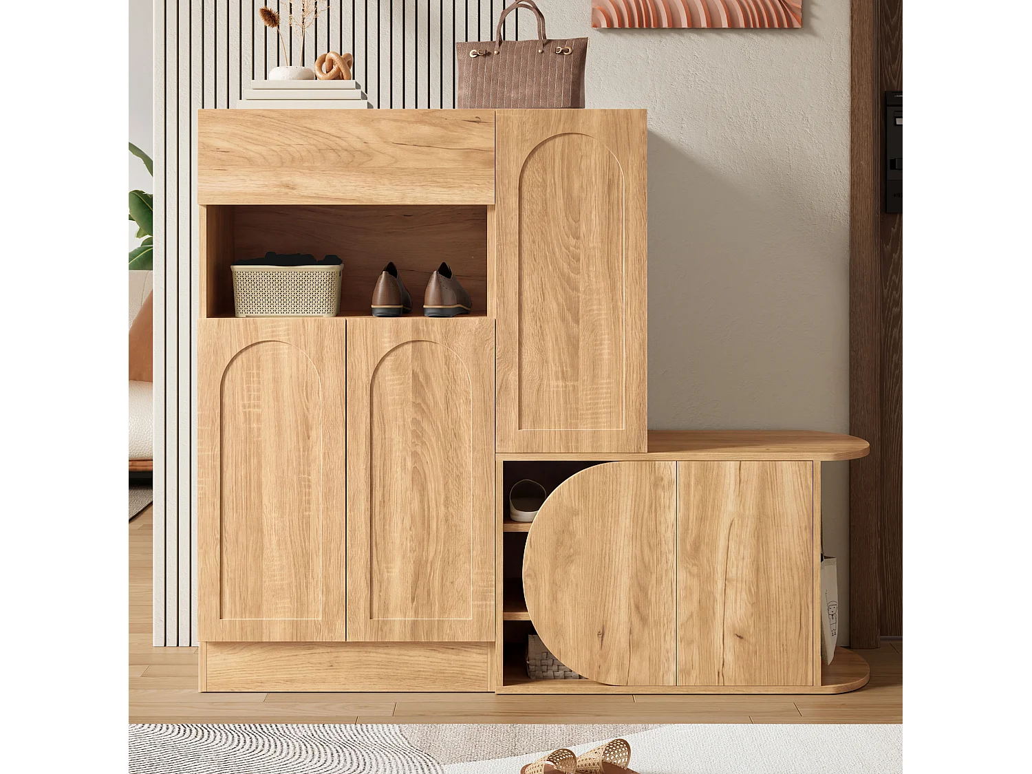 Meuble à chaussures avec banc, 5 portes, 1 tiroir et étagère ouverte – MDF – 130 x 35 x 110,5 cm – Naturel