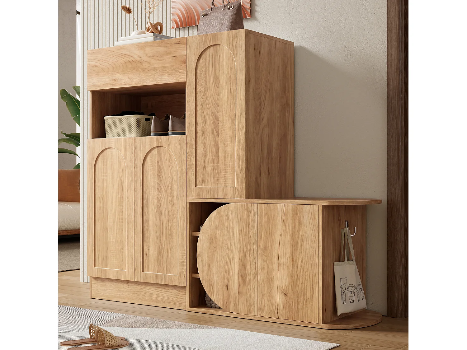 Meuble à chaussures avec banc, 5 portes, 1 tiroir et étagère ouverte – MDF – 130 x 35 x 110,5 cm – Naturel