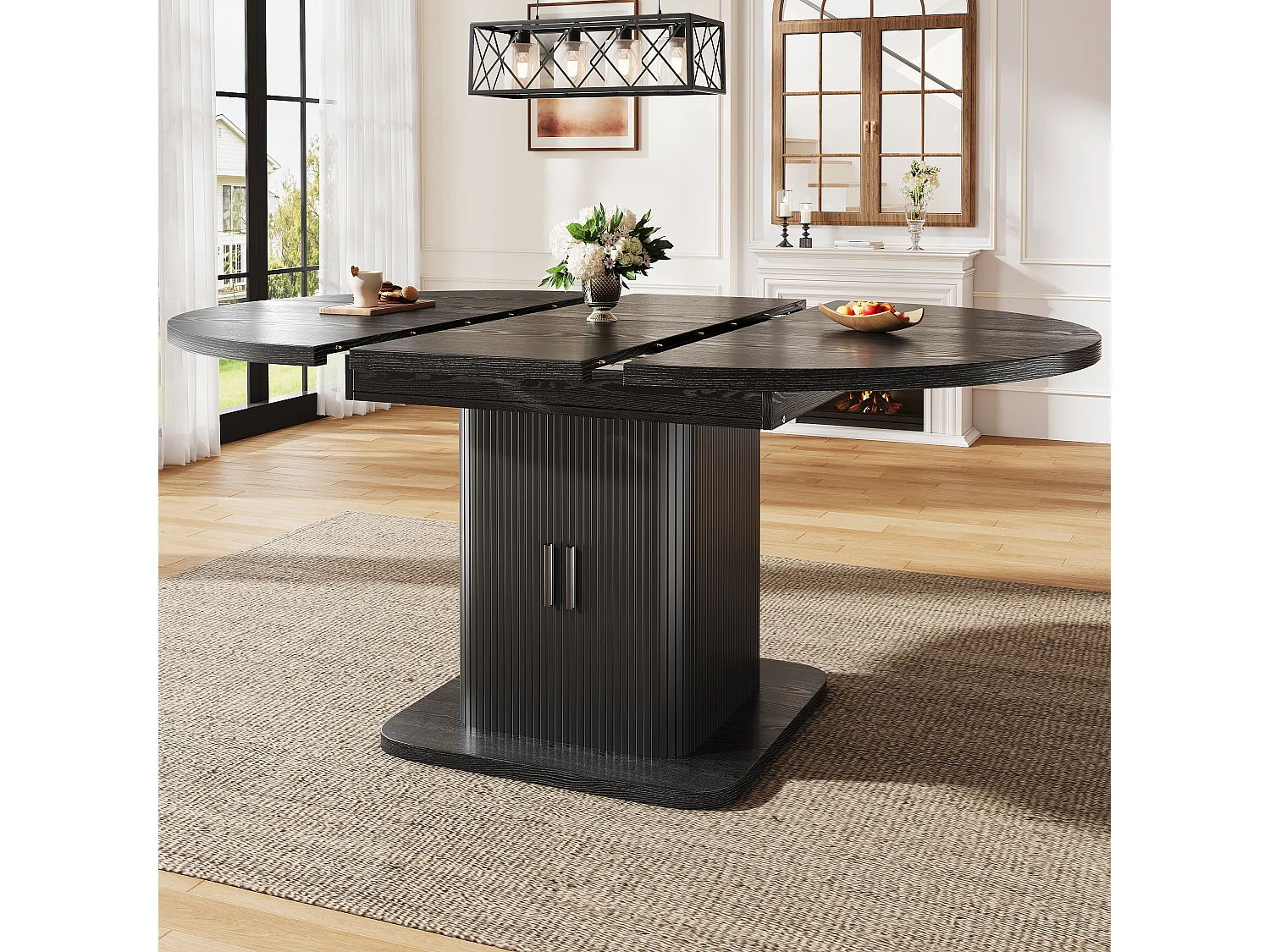 Ovalt matbord med utdragbar skiva och förvaring 110-150cm - Glidande skiva, lamelluckor, modern stil - Svart
