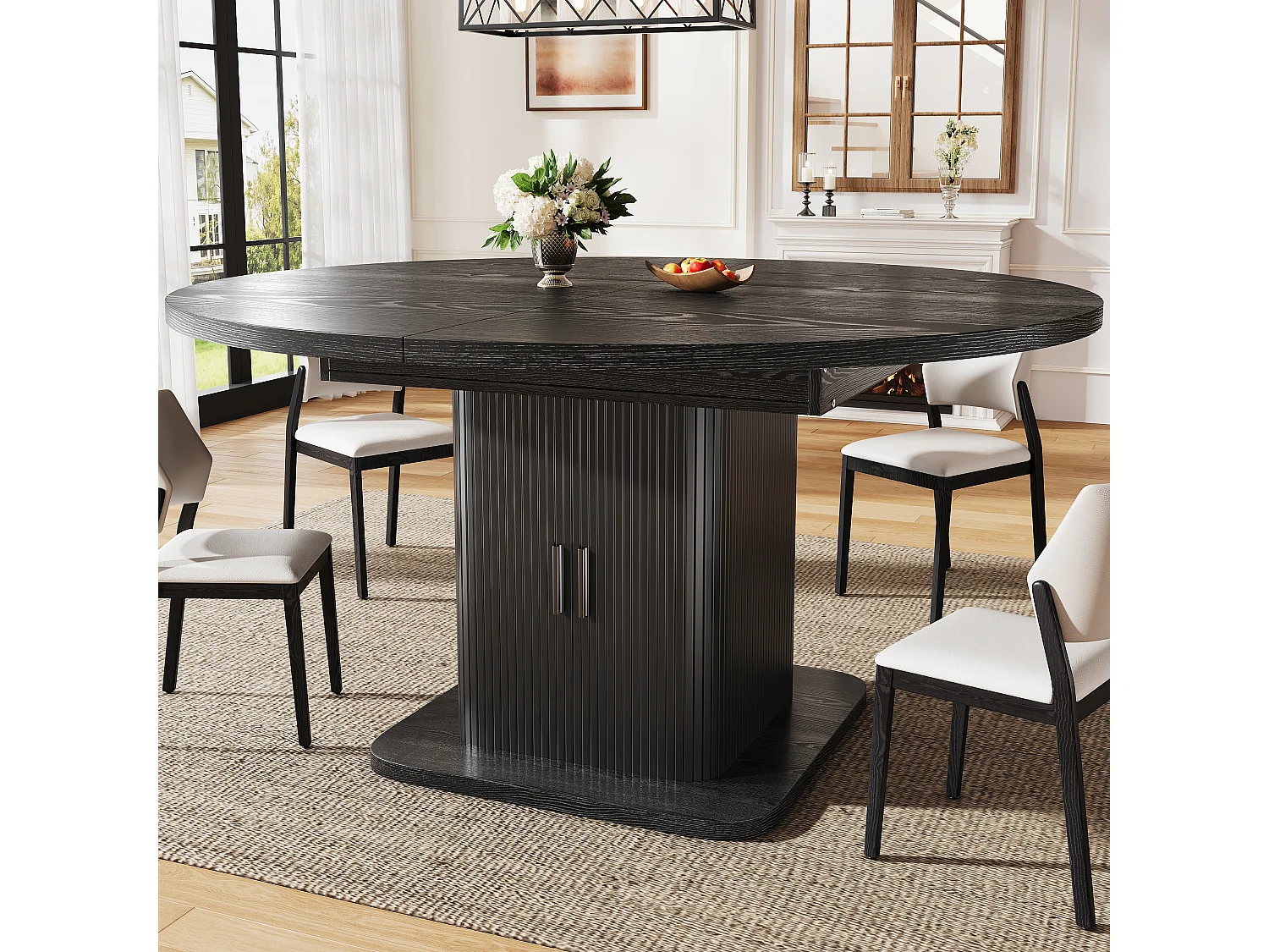 Ovalt matbord med utdragbar skiva och förvaring 110-150cm - Glidande skiva, lamelluckor, modern stil - Svart