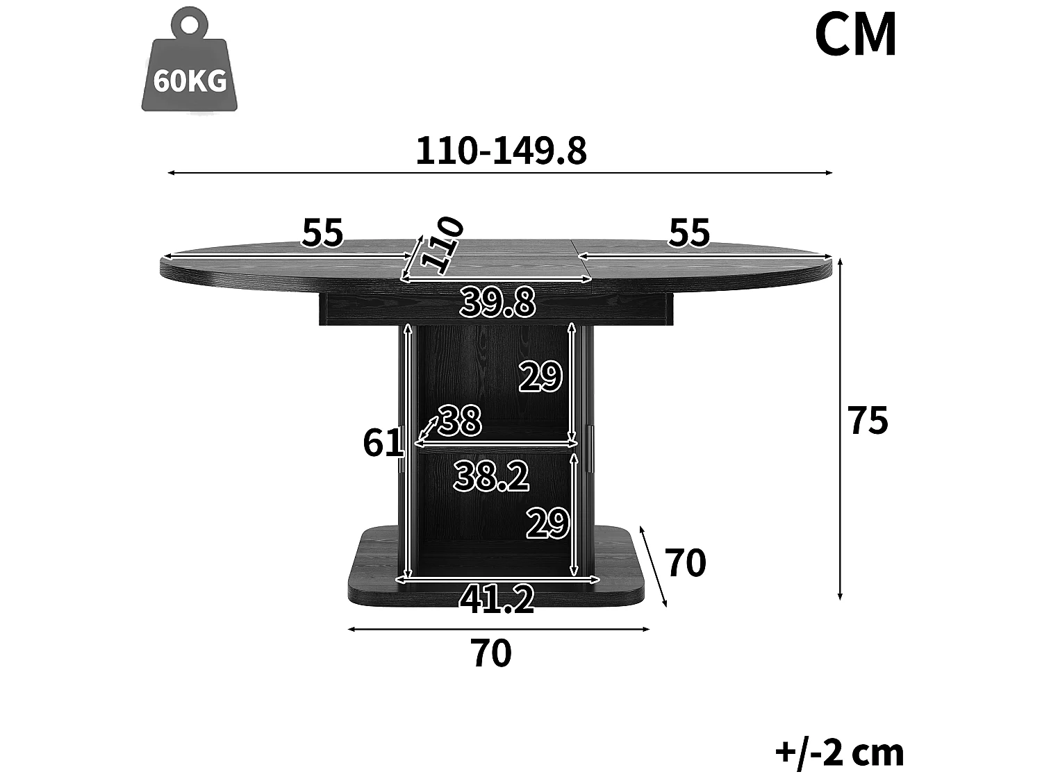 Ovalt matbord med utdragbar skiva och förvaring 110-150cm - Glidande skiva, lamelluckor, modern stil - Svart