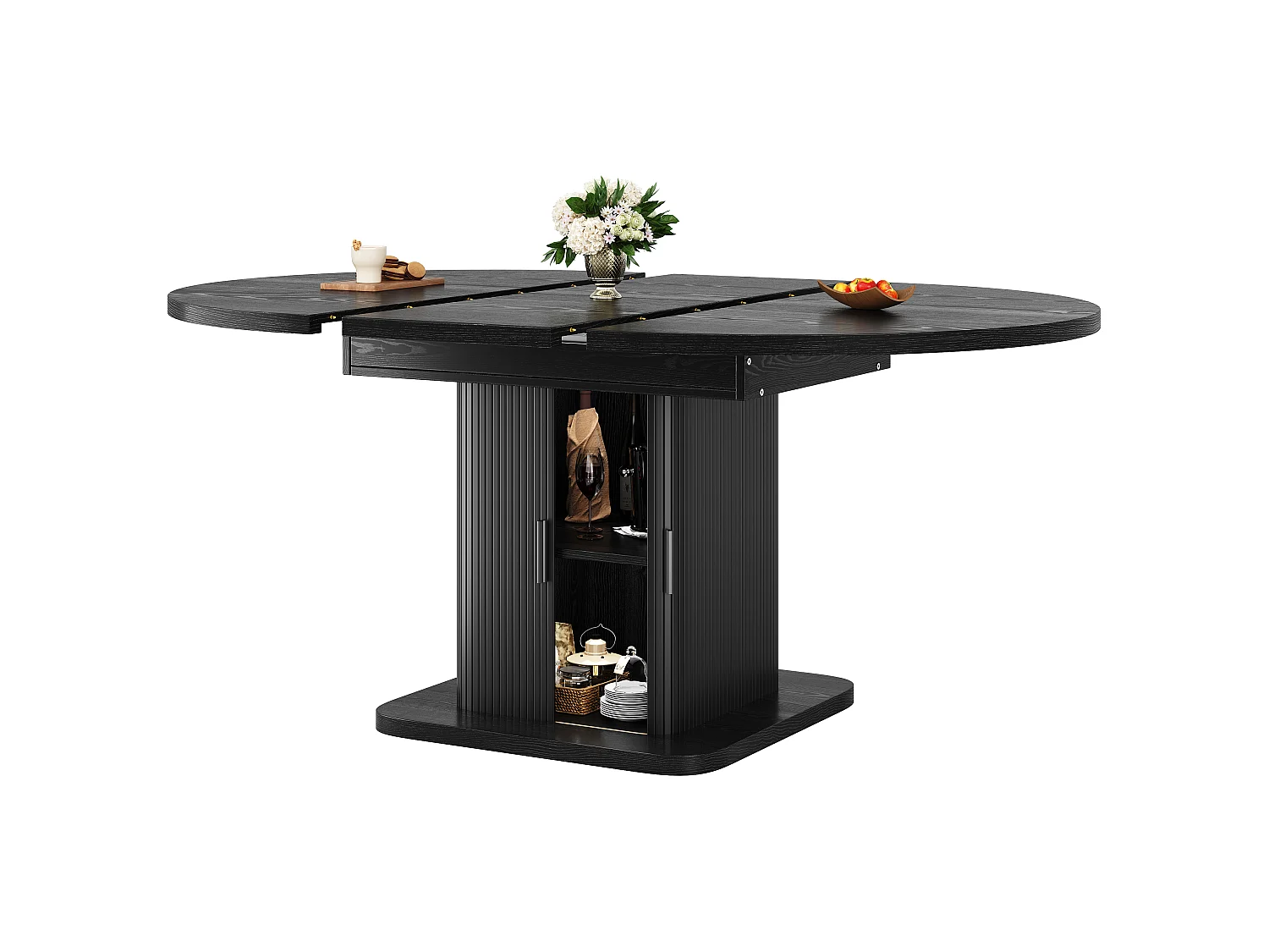 Ovalt matbord med utdragbar skiva och förvaring 110-150cm - Glidande skiva, lamelluckor, modern stil - Svart