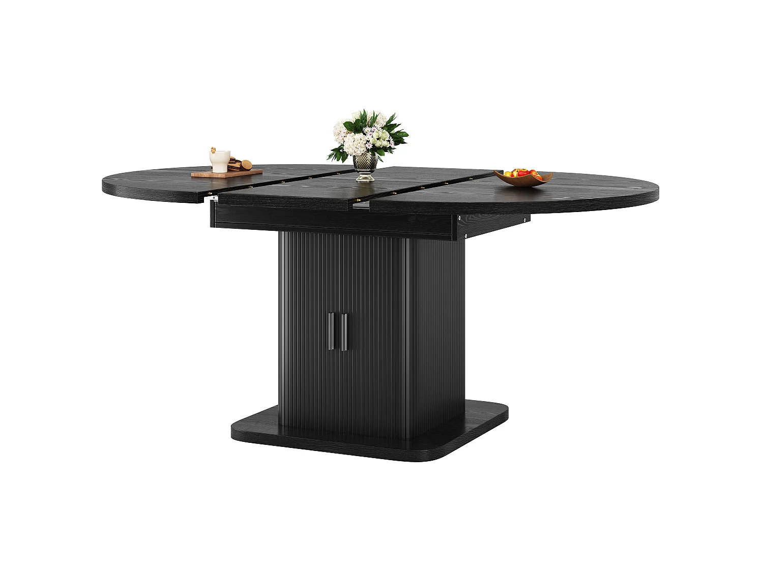 Ovalt matbord med utdragbar skiva och förvaring 110-150cm - Glidande skiva, lamelluckor, modern stil - Svart