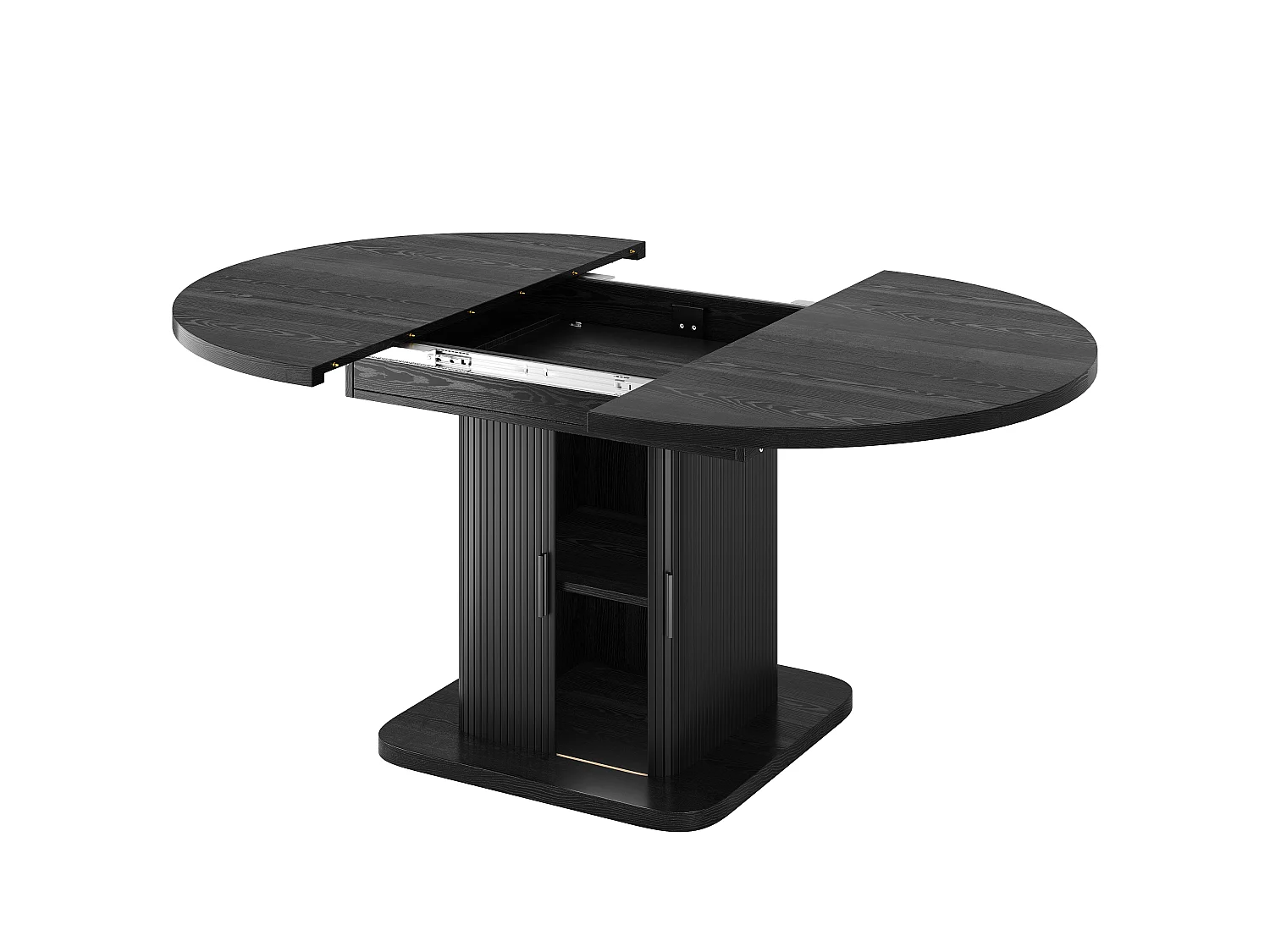 Ovalt matbord med utdragbar skiva och förvaring 110-150cm - Glidande skiva, lamelluckor, modern stil - Svart