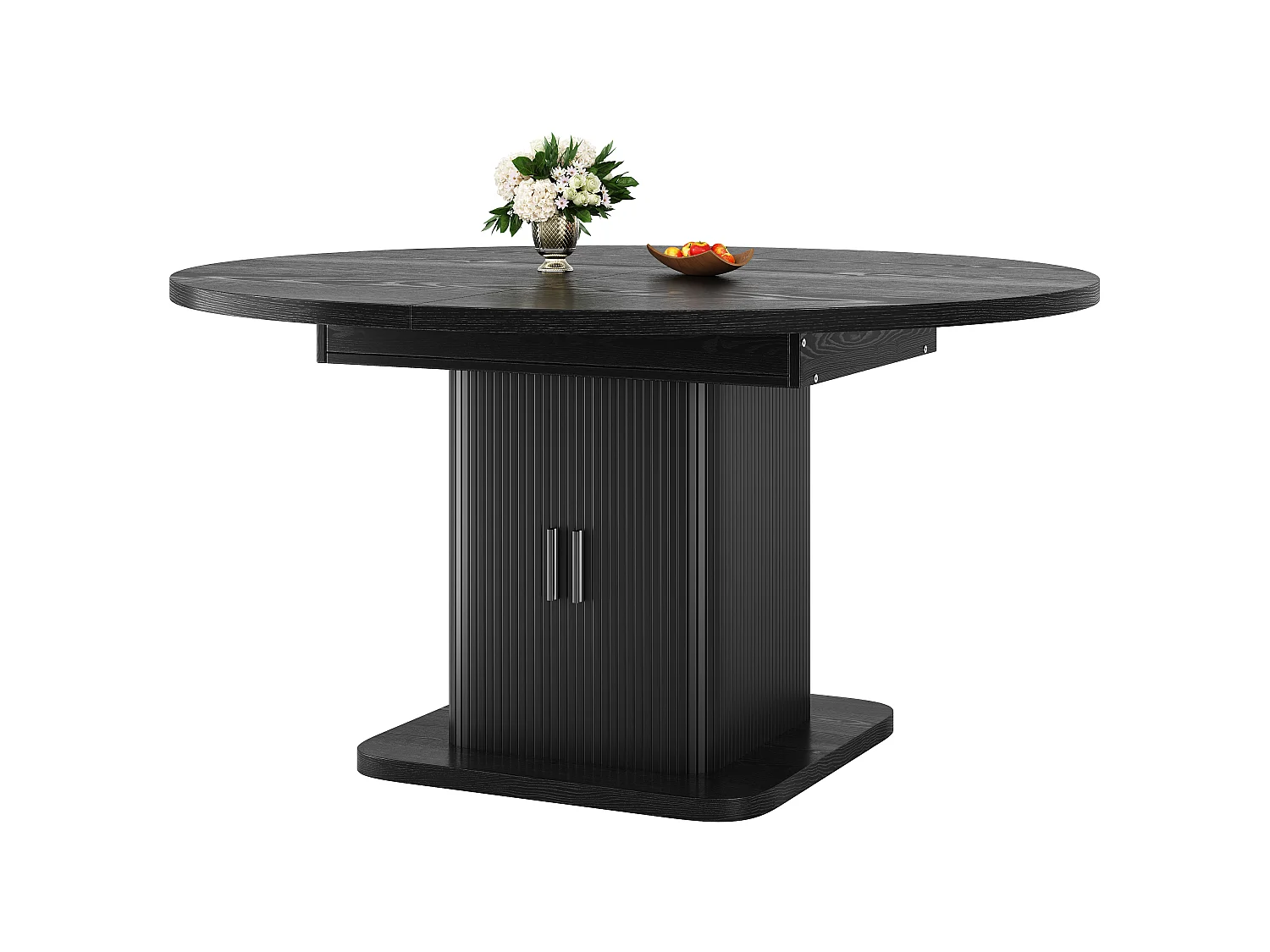 Ovalt matbord med utdragbar skiva och förvaring 110-150cm - Glidande skiva, lamelluckor, modern stil - Svart