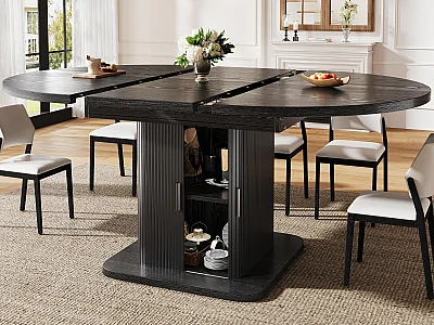 Tavolo da Pranzo Ovale Allungabile con Ripiano 110-150cm - Piano Scorrevole, Ante a Listelli, Stile Moderno - Nero