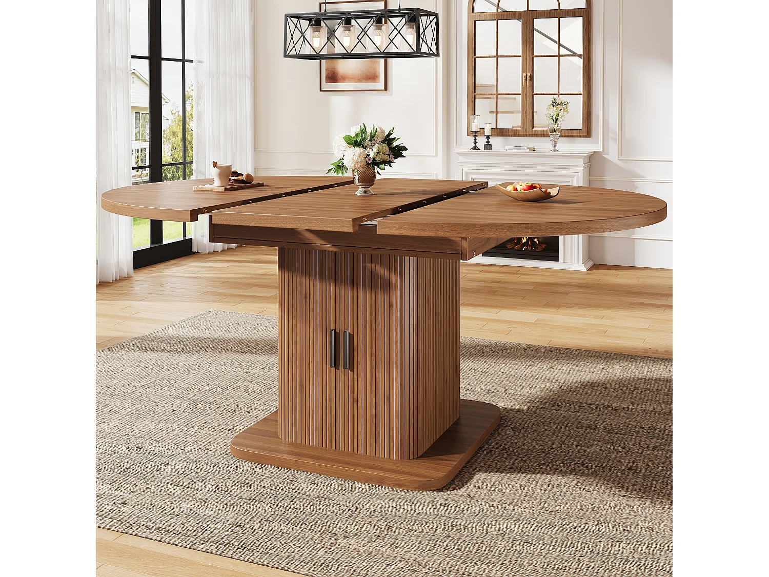 Table à Manger Ovale Extensible avec Rangement 110-150cm - Plateau Coulissant, Portes à Lattes, Style Moderne - Noyer