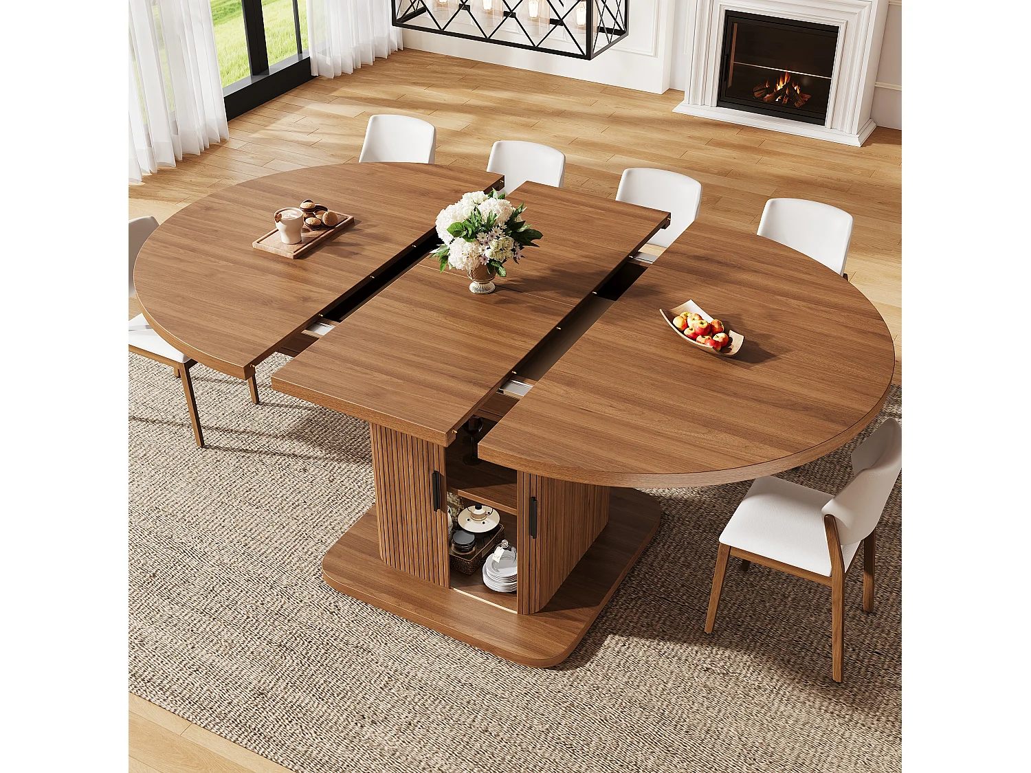 Table à Manger Ovale Extensible avec Rangement 110-150cm - Plateau Coulissant, Portes à Lattes, Style Moderne - Noyer