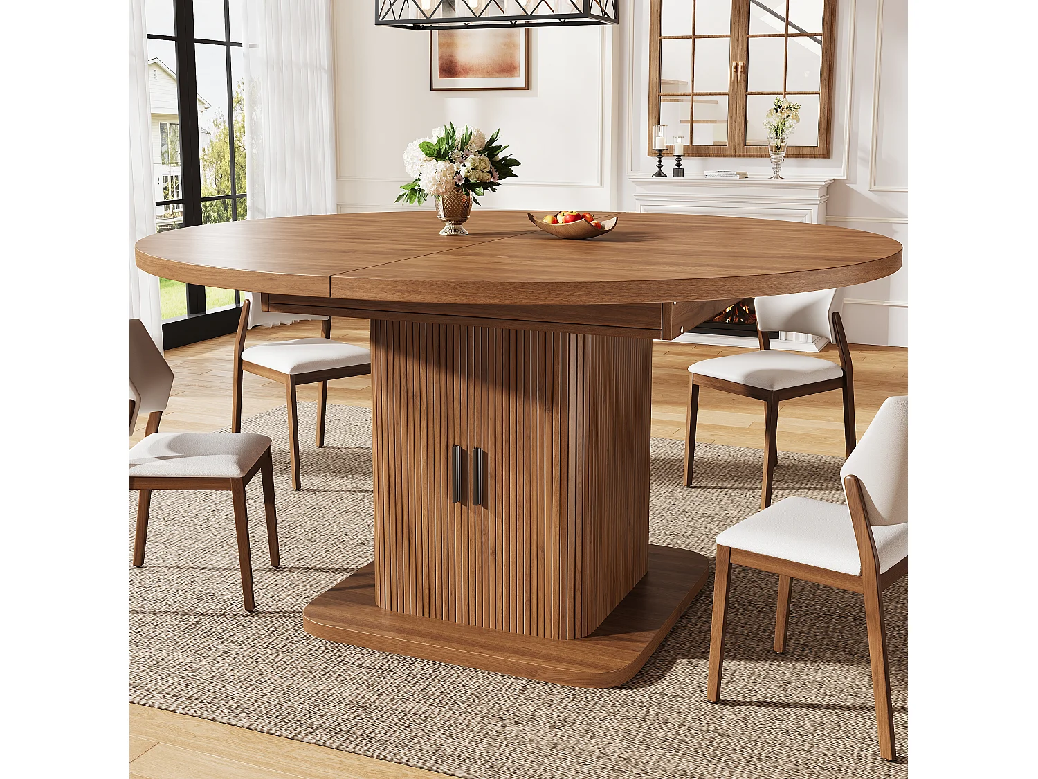 Table à Manger Ovale Extensible avec Rangement 110-150cm - Plateau Coulissant, Portes à Lattes, Style Moderne - Noyer