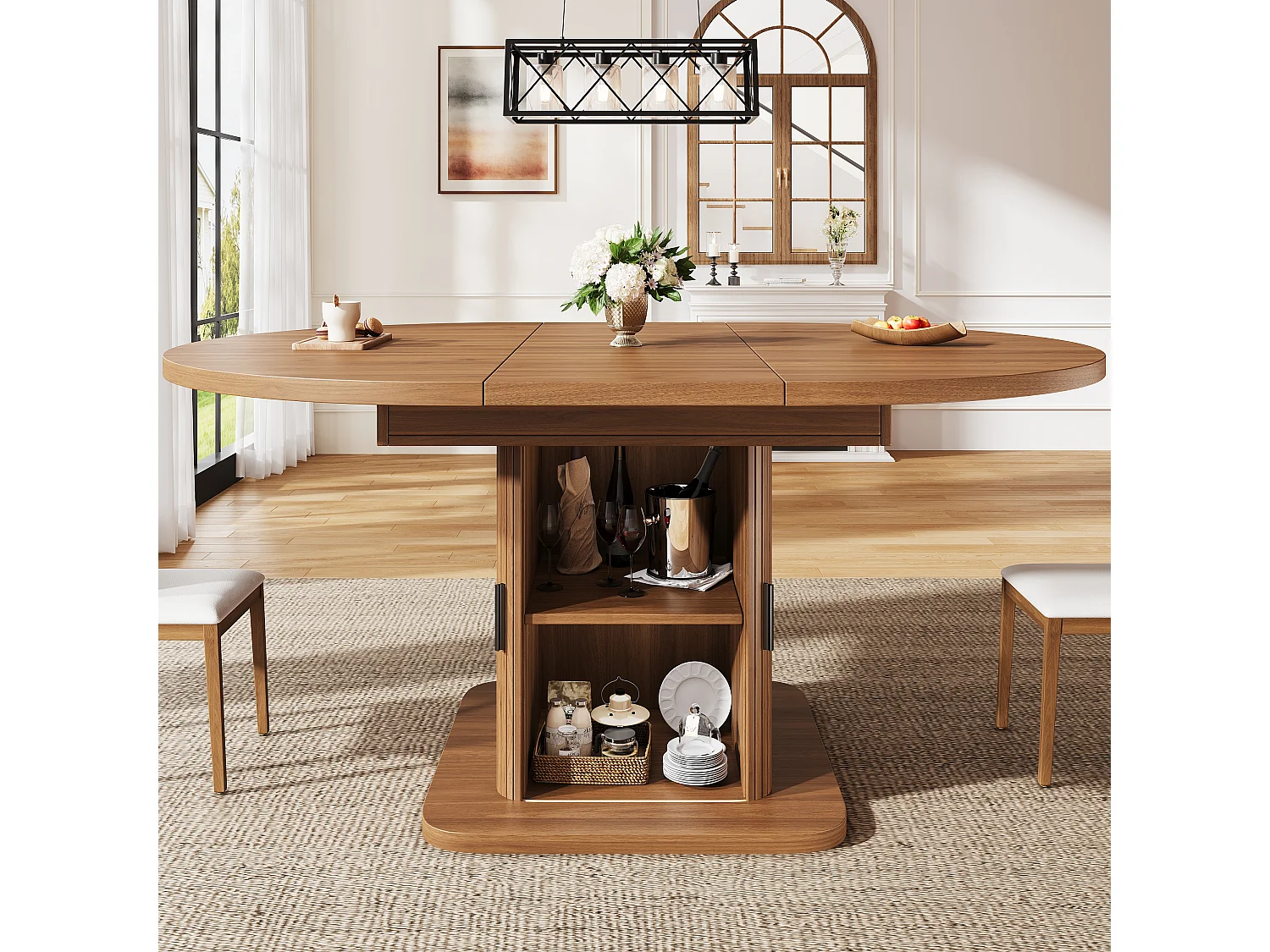 Table à Manger Ovale Extensible avec Rangement 110-150cm - Plateau Coulissant, Portes à Lattes, Style Moderne - Noyer