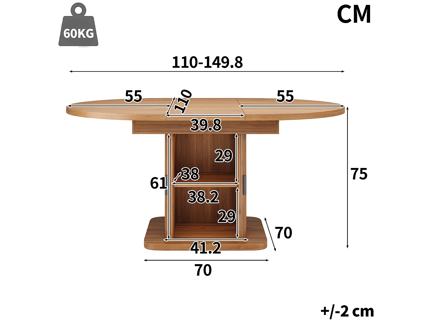 Table à Manger Ovale Extensible avec Rangement 110-150cm - Plateau Coulissant, Portes à Lattes, Style Moderne - Noyer
