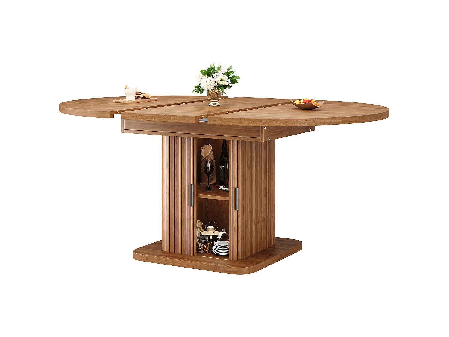 Table à Manger Ovale Extensible avec Rangement 110-150cm - Plateau Coulissant, Portes à Lattes, Style Moderne - Noyer