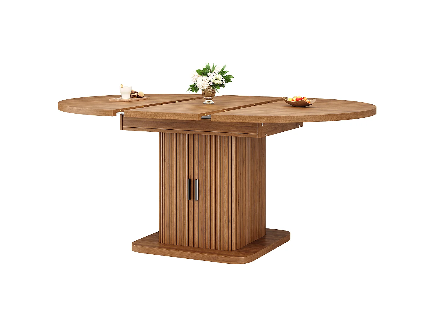 Table à Manger Ovale Extensible avec Rangement 110-150cm - Plateau Coulissant, Portes à Lattes, Style Moderne - Noyer