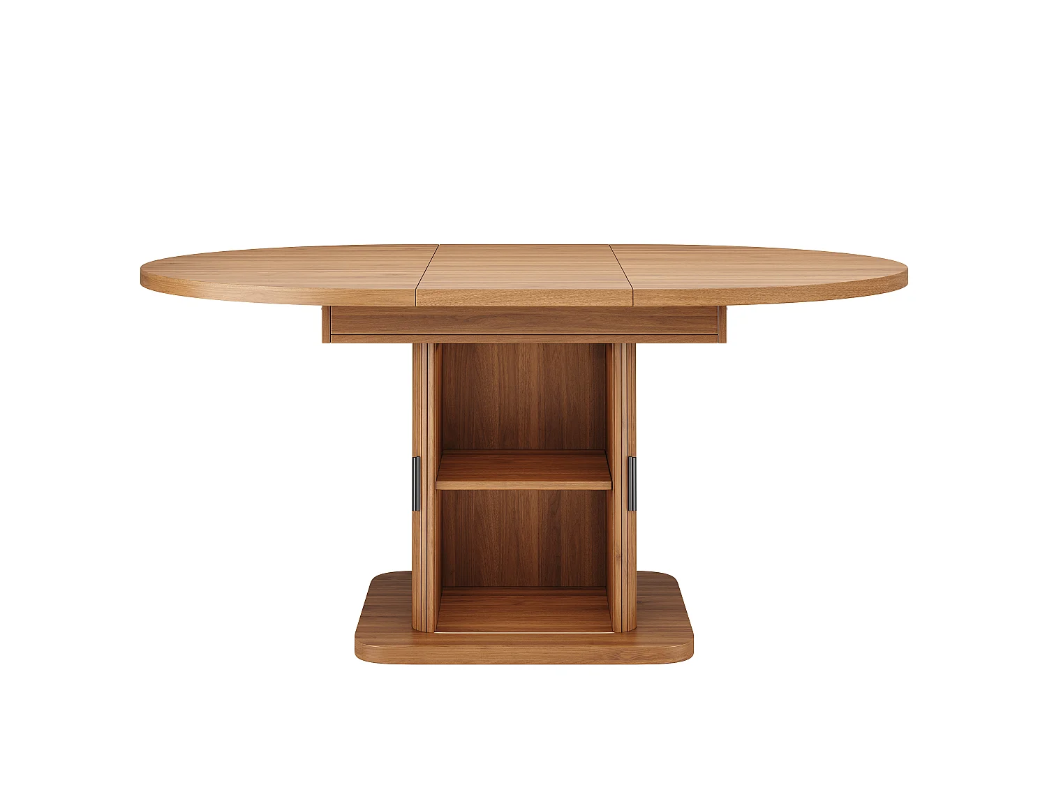 Table à Manger Ovale Extensible avec Rangement 110-150cm - Plateau Coulissant, Portes à Lattes, Style Moderne - Noyer