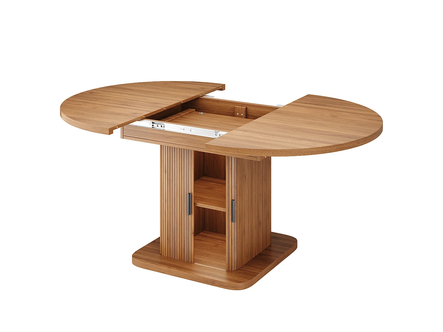 Table à Manger Ovale Extensible avec Rangement 110-150cm - Plateau Coulissant, Portes à Lattes, Style Moderne - Noyer