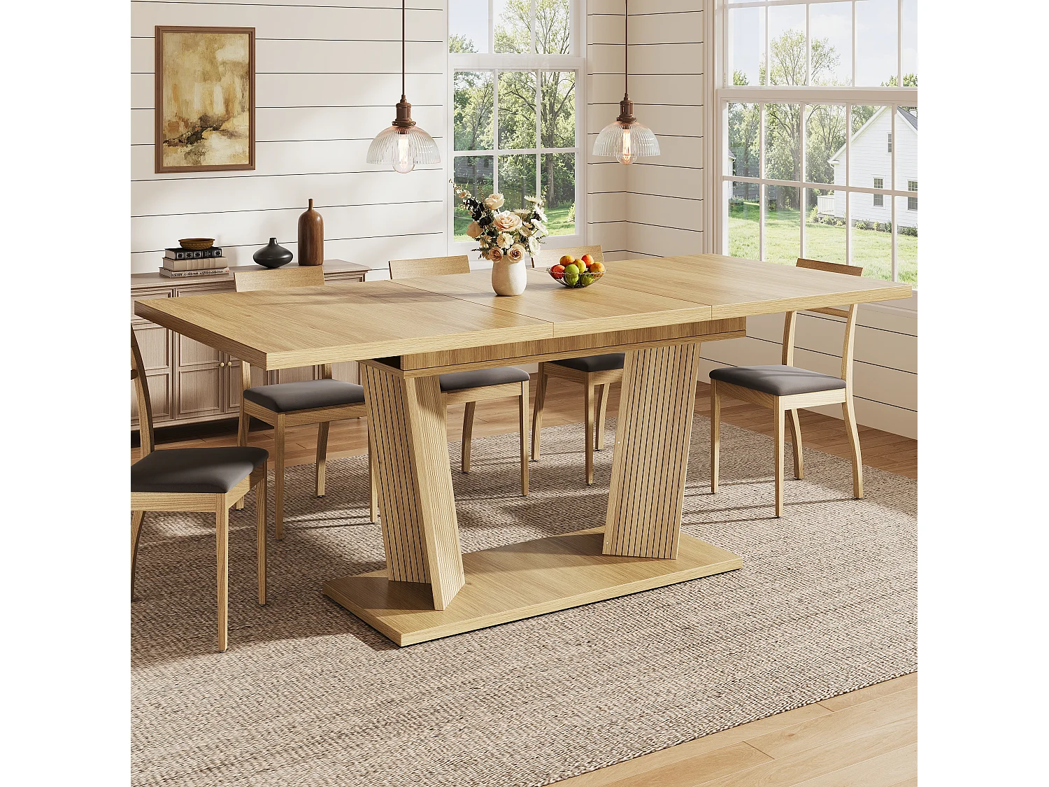 Rechthoekige Uitschuifbare Eettafel 120-160cm - Ruimtebesparende Tafel met Houtlook en Designpoten, Moderne Stijl - Natuurlijk