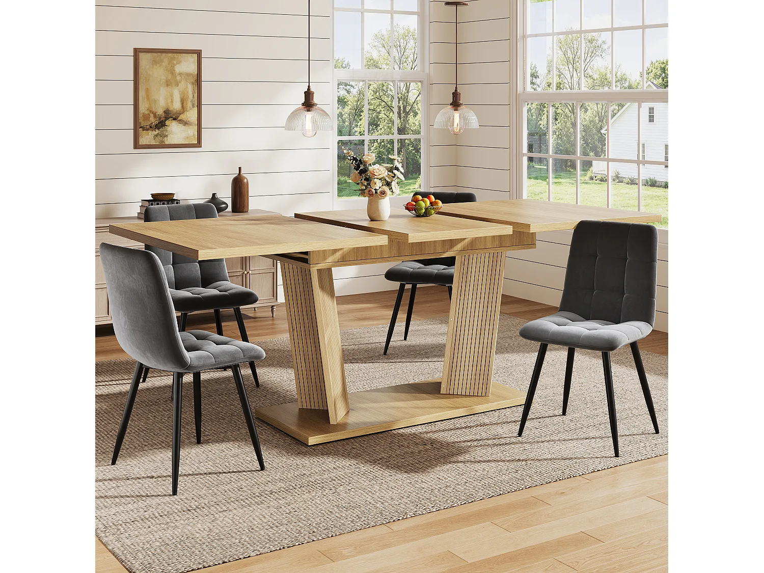 Rechthoekige Uitschuifbare Eettafel 120-160cm - Ruimtebesparende Tafel met Houtlook en Designpoten, Moderne Stijl - Natuurlijk