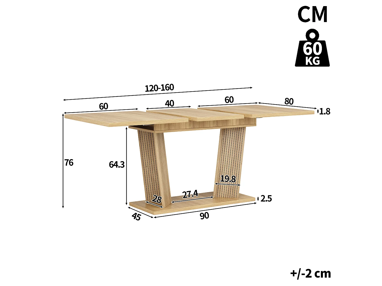 Rechthoekige Uitschuifbare Eettafel 120-160cm - Ruimtebesparende Tafel met Houtlook en Designpoten, Moderne Stijl - Natuurlijk
