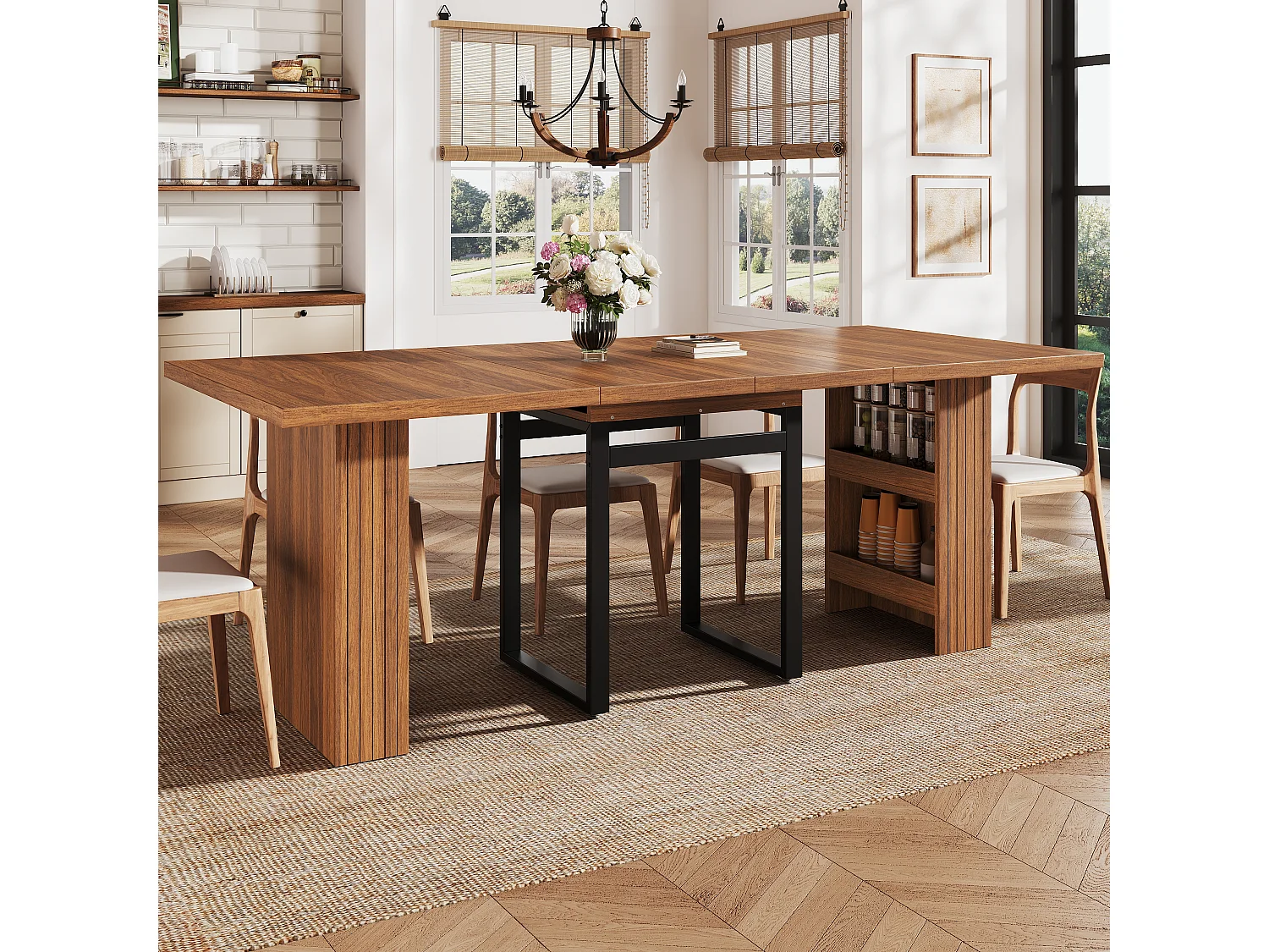 Table à Manger Extensible 120-200cm - Table Gain de Place avec Rangement Caché & Pieds en Acier, Style Industriel - Marron Foncé