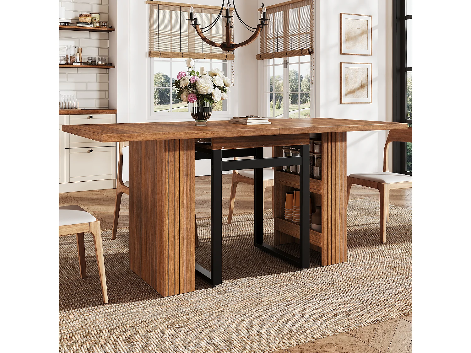 Table à Manger Extensible 120-200cm - Table Gain de Place avec Rangement Caché & Pieds en Acier, Style Industriel - Marron Foncé