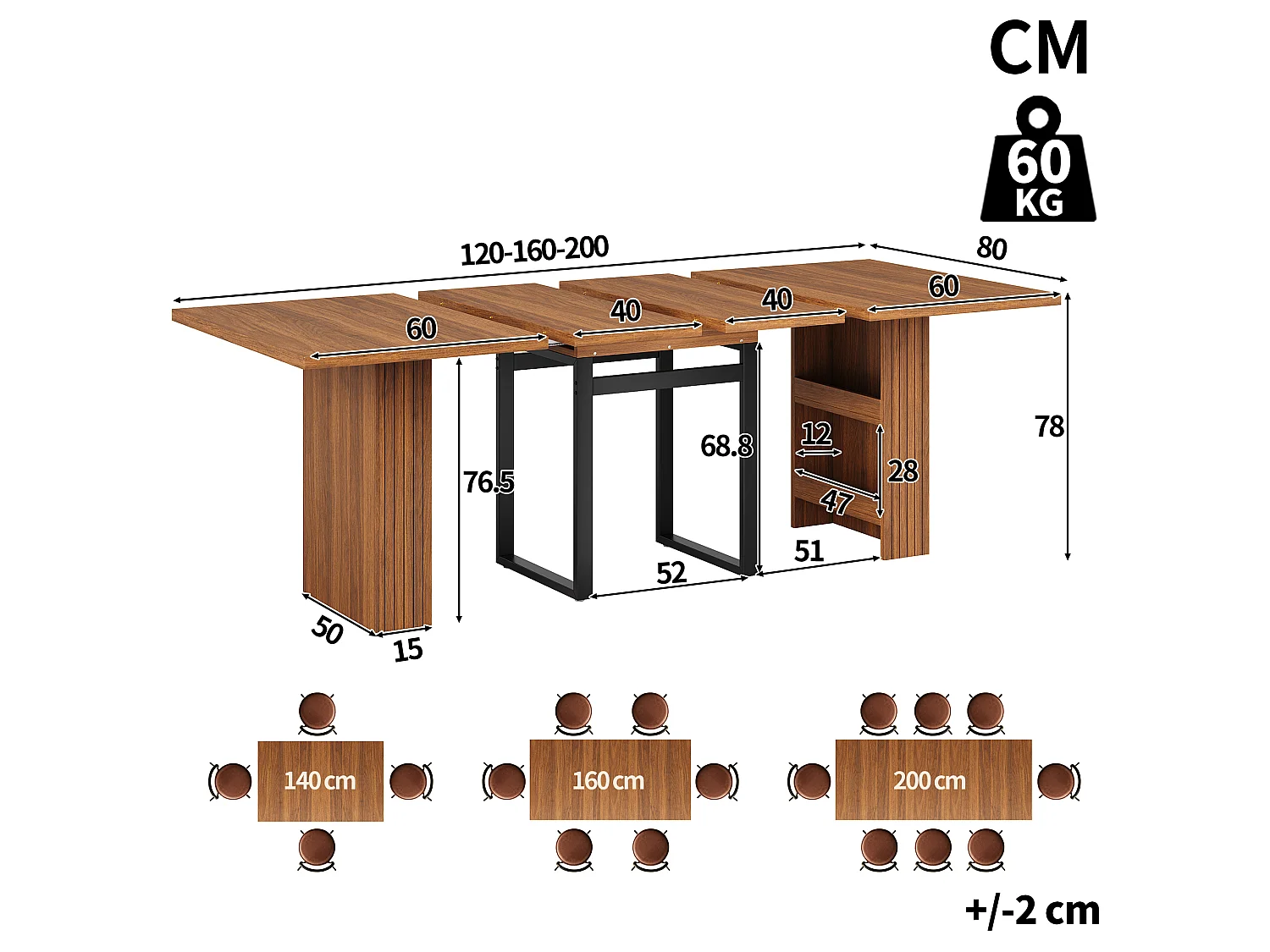Table à Manger Extensible 120-200cm - Table Gain de Place avec Rangement Caché & Pieds en Acier, Style Industriel - Marron Foncé