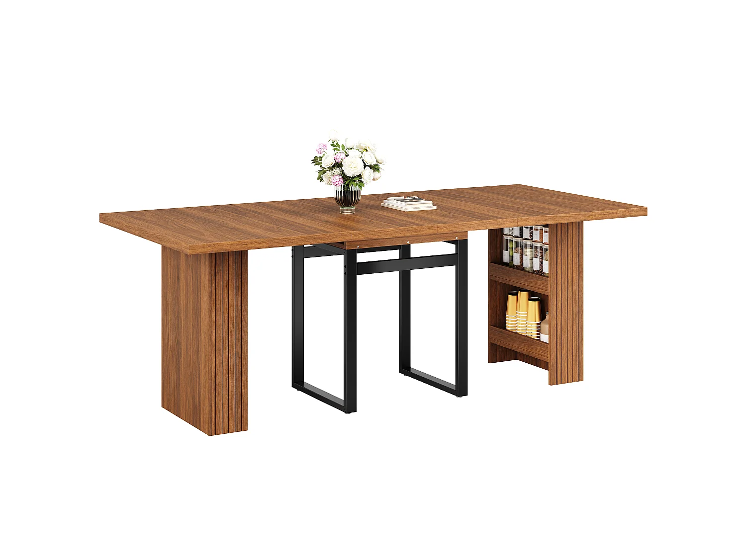 Table à Manger Extensible 120-200cm - Table Gain de Place avec Rangement Caché & Pieds en Acier, Style Industriel - Marron Foncé