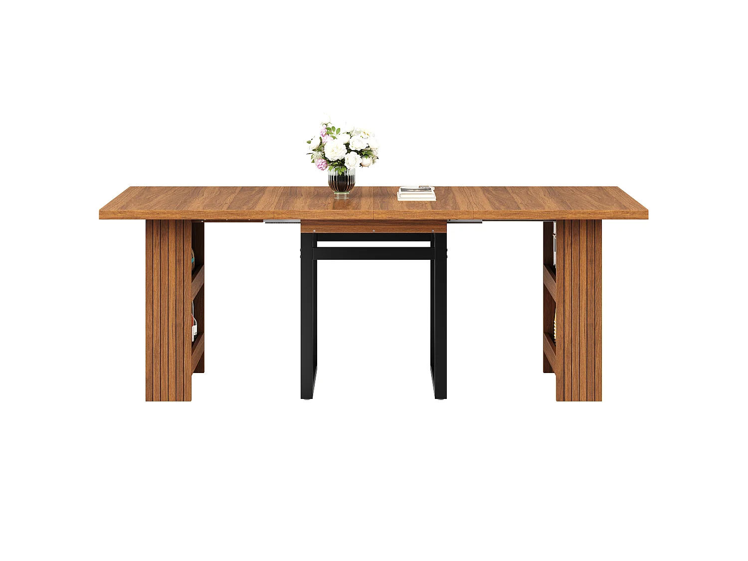 Table à Manger Extensible 120-200cm - Table Gain de Place avec Rangement Caché & Pieds en Acier, Style Industriel - Marron Foncé