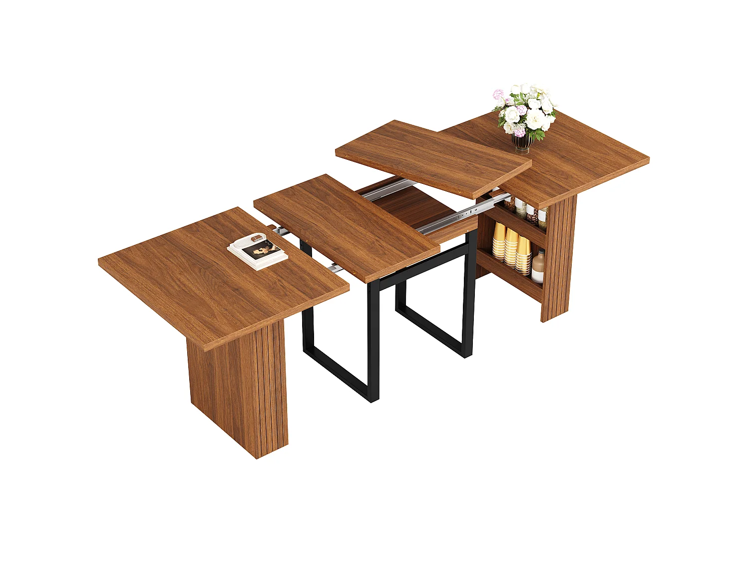 Table à Manger Extensible 120-200cm - Table Gain de Place avec Rangement Caché & Pieds en Acier, Style Industriel - Marron Foncé