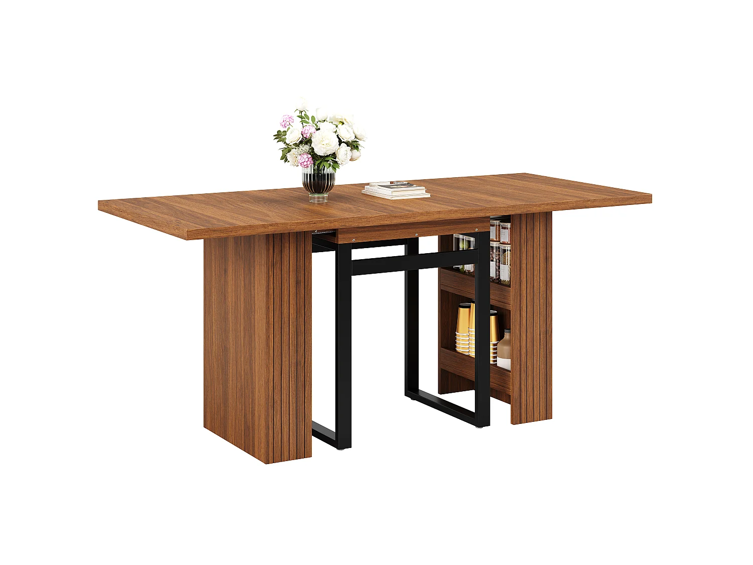 Table à Manger Extensible 120-200cm - Table Gain de Place avec Rangement Caché & Pieds en Acier, Style Industriel - Marron Foncé