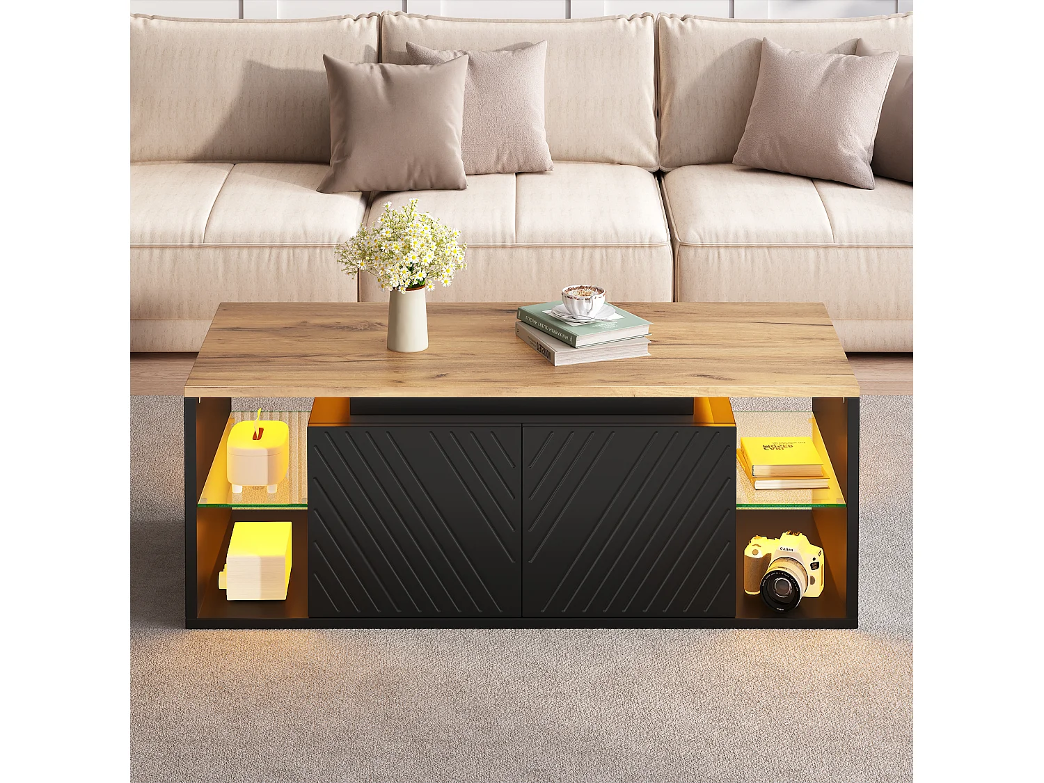 Modernt soffbord 100x50x41 cm - med LED-belysning - 2 dörrar och halvöppna hyllor - spånskivor - svart