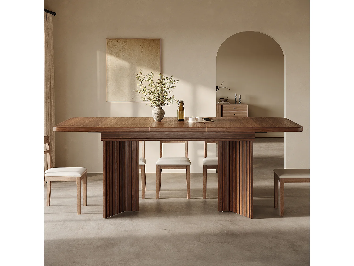 Rektangulärt matbord, utdragbart 120-160cm - Platsbesparande bord med räfflade V-ben, modern stil - Valnöt