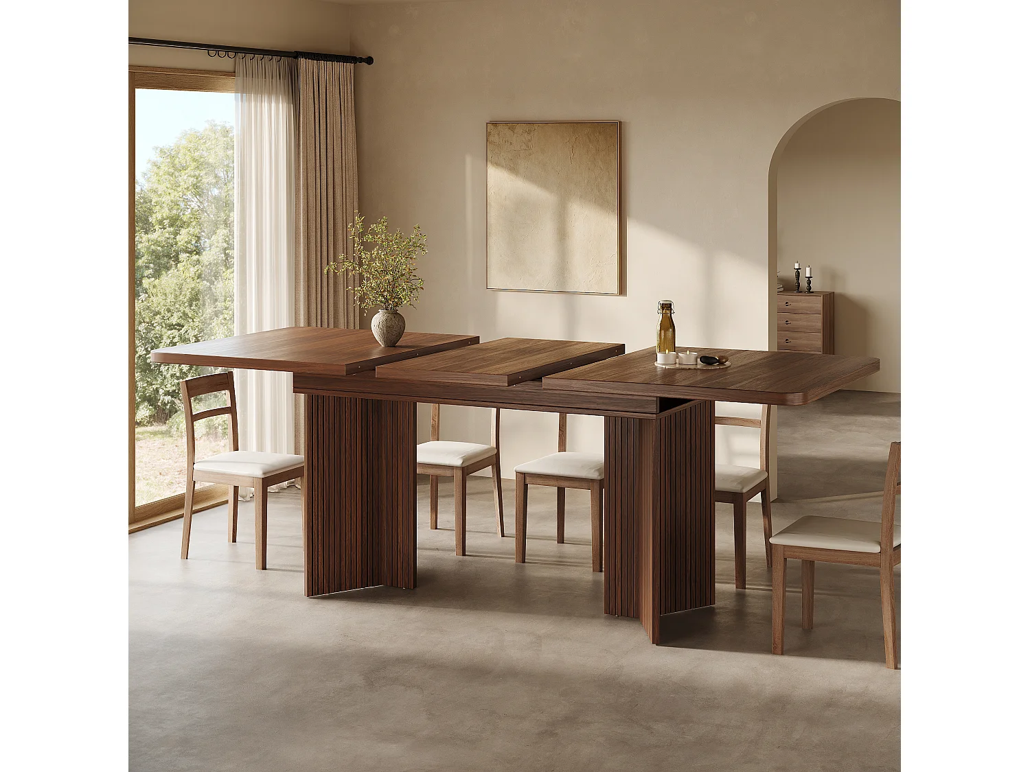 Rektangulärt matbord, utdragbart 120-160cm - Platsbesparande bord med räfflade V-ben, modern stil - Valnöt