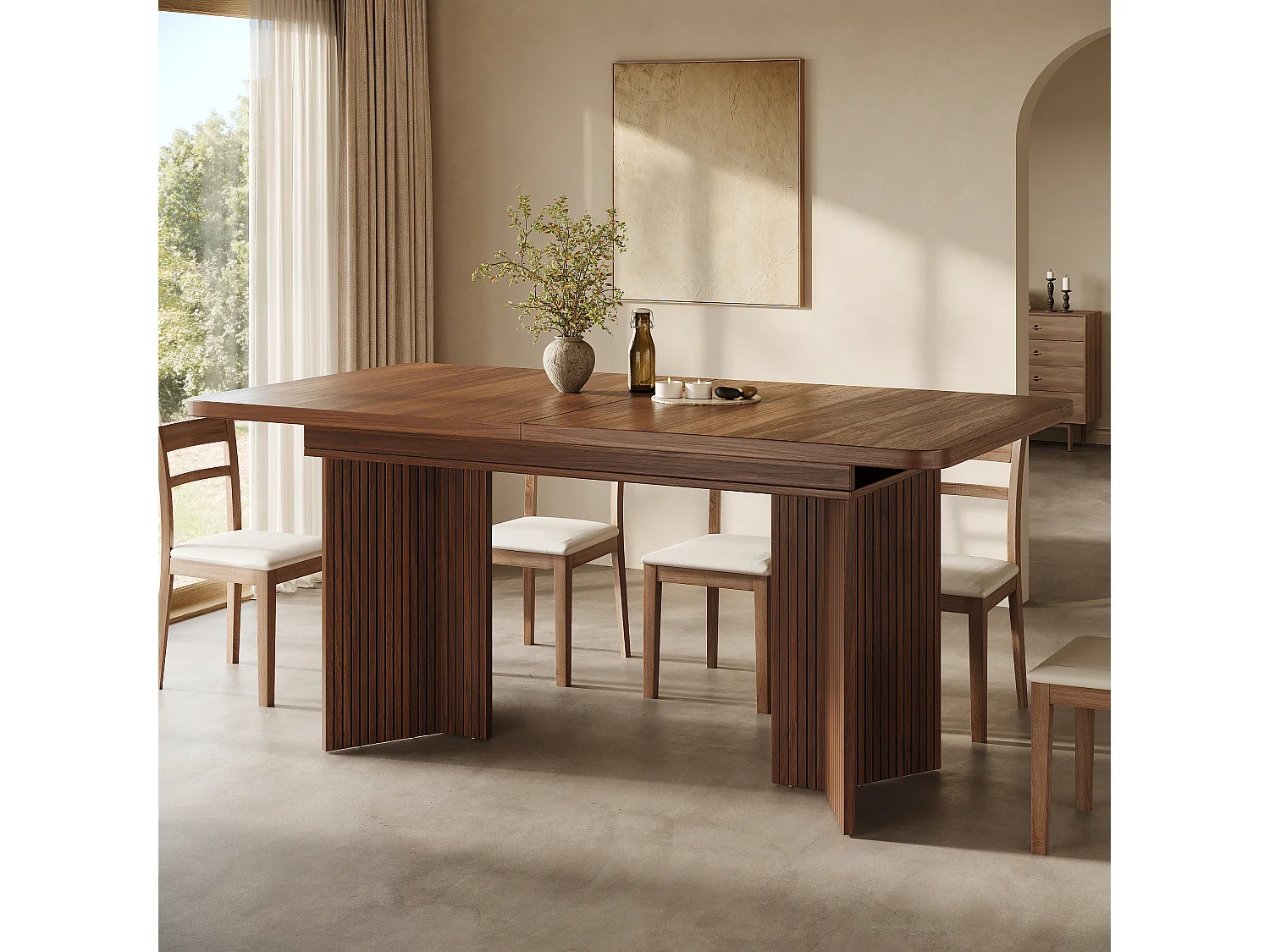 Rektangulärt matbord, utdragbart 120-160cm - Platsbesparande bord med räfflade V-ben, modern stil - Valnöt