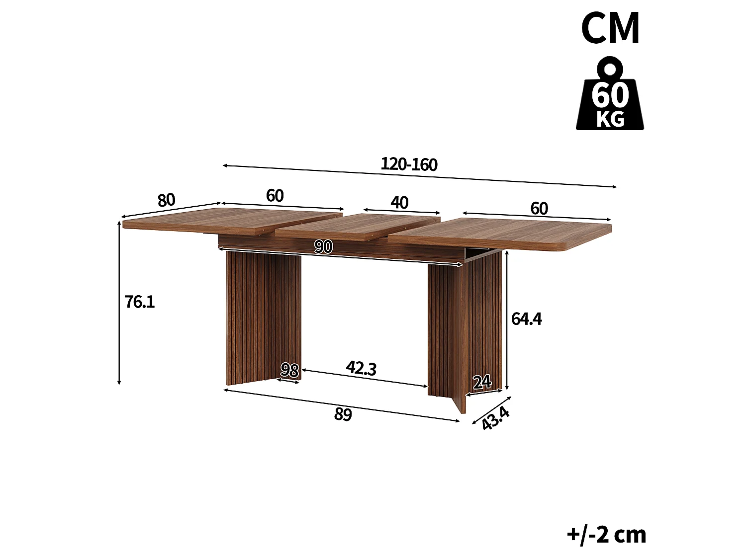 Rektangulärt matbord, utdragbart 120-160cm - Platsbesparande bord med räfflade V-ben, modern stil - Valnöt