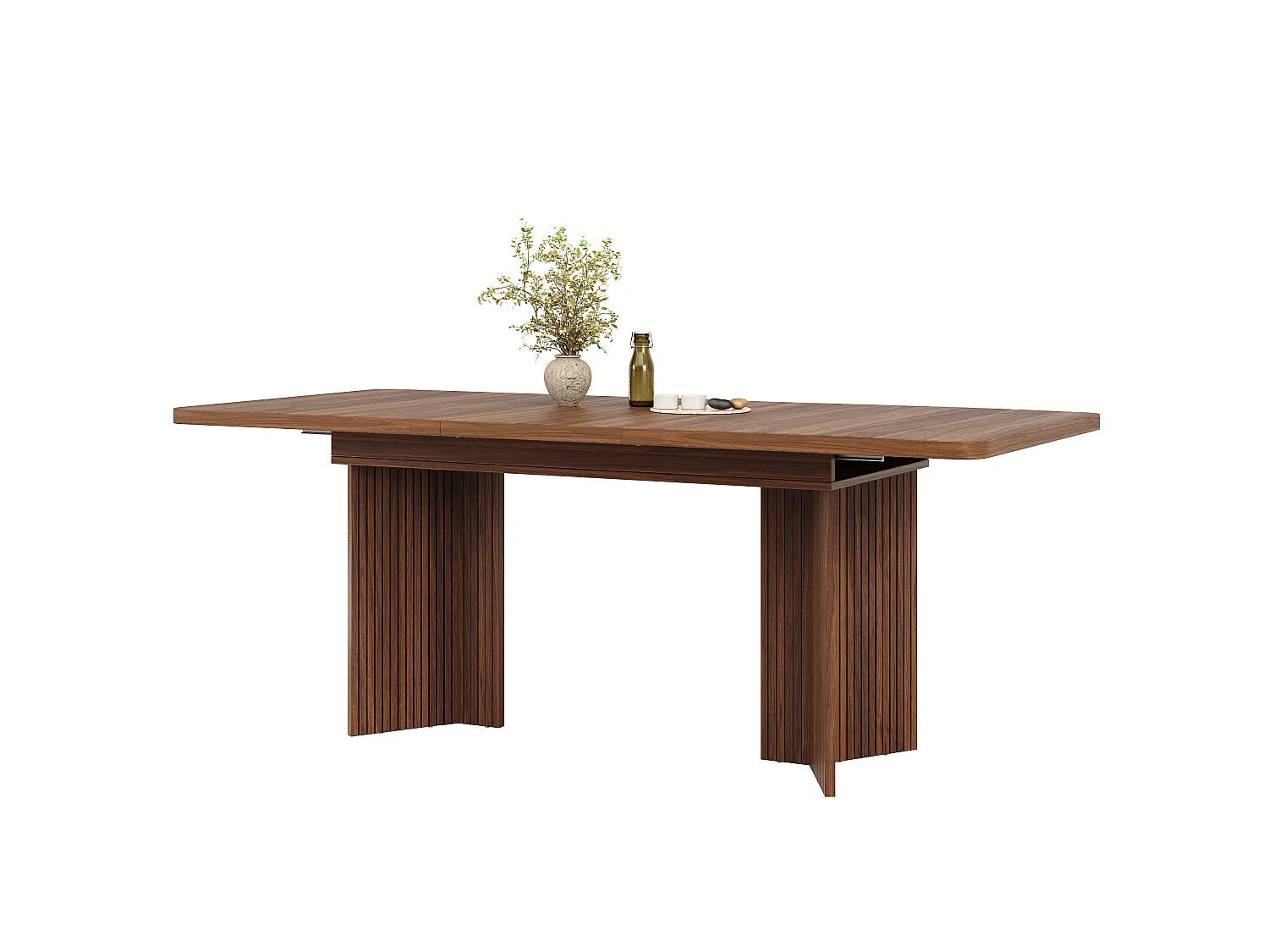 Rektangulärt matbord, utdragbart 120-160cm - Platsbesparande bord med räfflade V-ben, modern stil - Valnöt