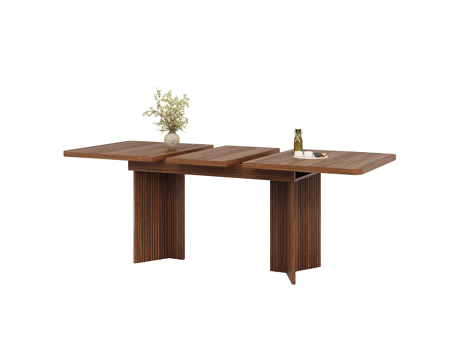 Rektangulärt matbord, utdragbart 120-160cm - Platsbesparande bord med räfflade V-ben, modern stil - Valnöt