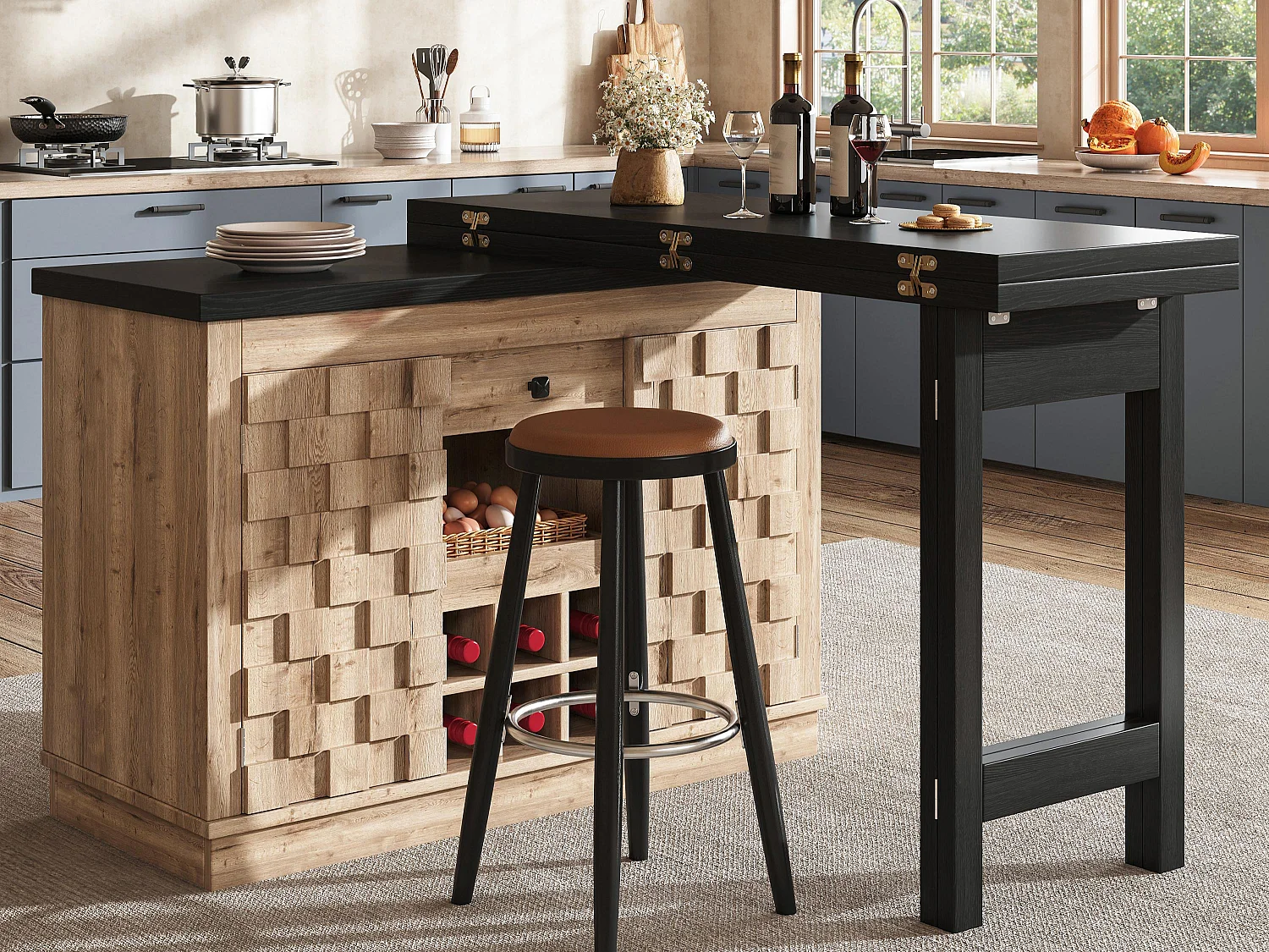 Îlot de Cuisine Rotatif 360° & Meuble d'Appoint 120-197cm - Plateau Extensible, Portes Patchwork, Casier à Vin - Chêne Clair